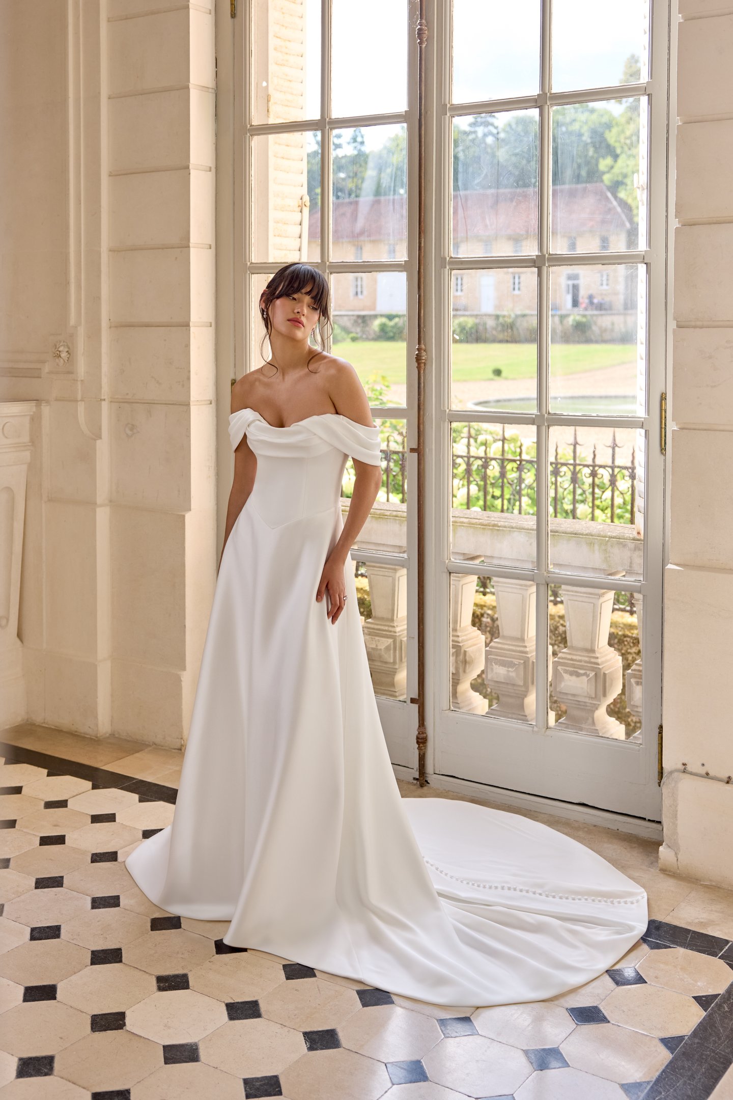 Adore by Justin Alexander Style 11428 Cezanne Clean Satin A-Line with Cowl Neckline and Off-the-Shoulder Straps