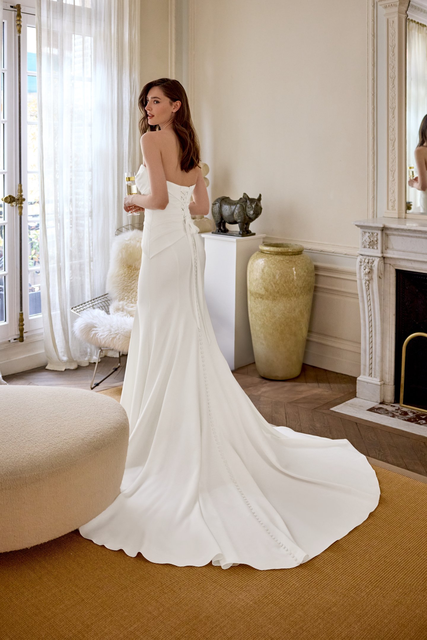 Adore by Justin Alexander Style 11429 Fabienne Stretch Crepe Fit and Flare with Ruched Bodice and Asymmetrical Waist