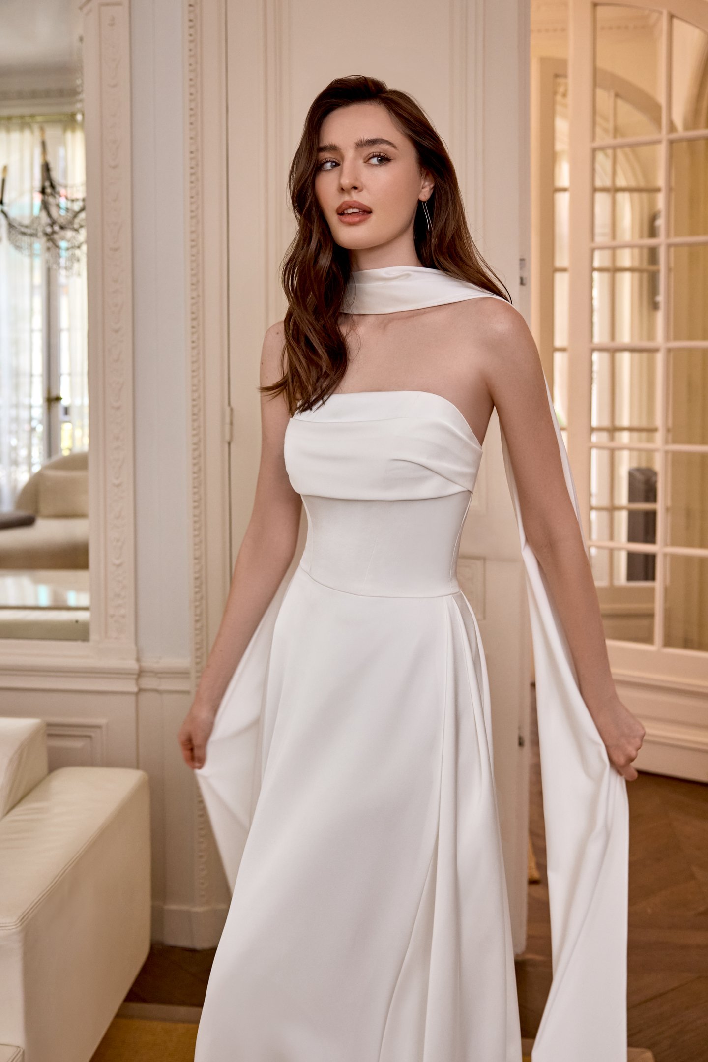 Colette: Clean Charmeuse A-Line Gown with Draped Detailing and Box