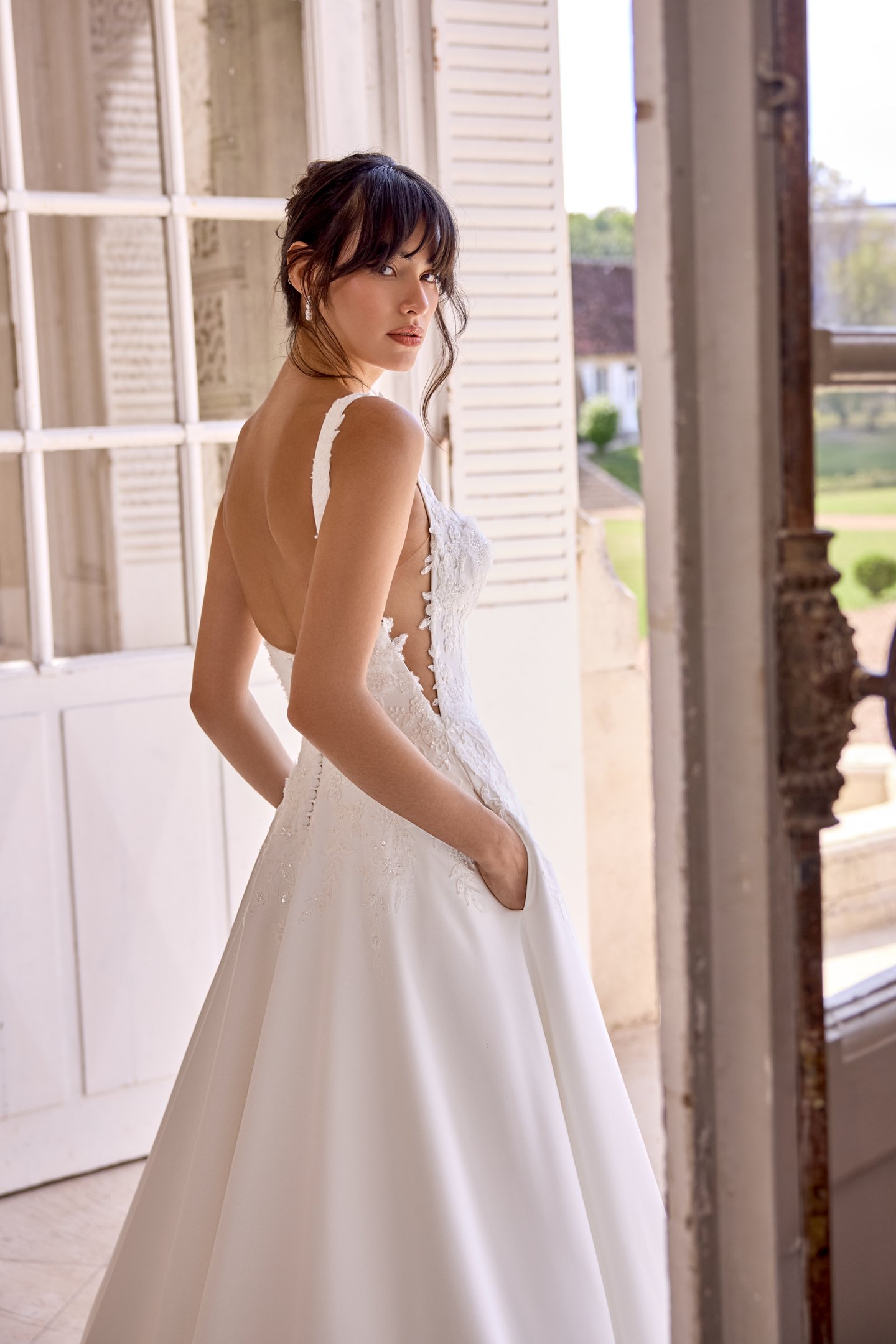 Adore by Justin Alexander Style 11435 Madeline Satin A-Line Gown with Square Neckline and Beaded Lace Appliqués