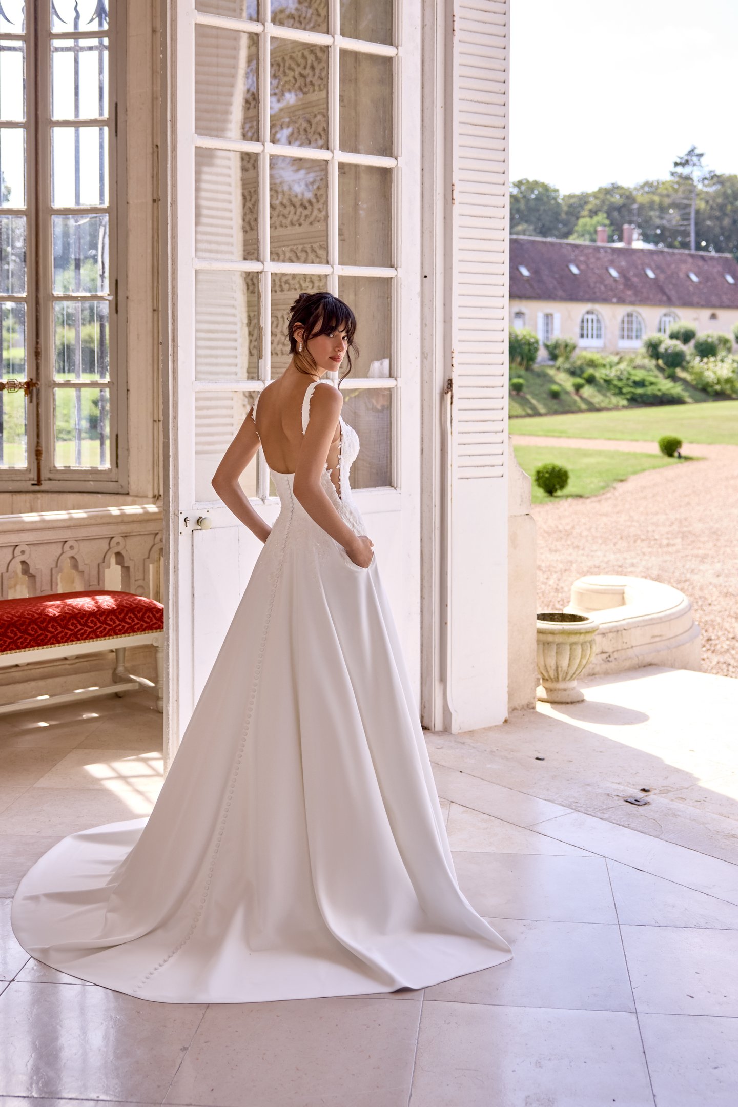 Adore by Justin Alexander Style 11435 Madeline Satin A-Line Gown with Square Neckline and Beaded Lace Appliqués