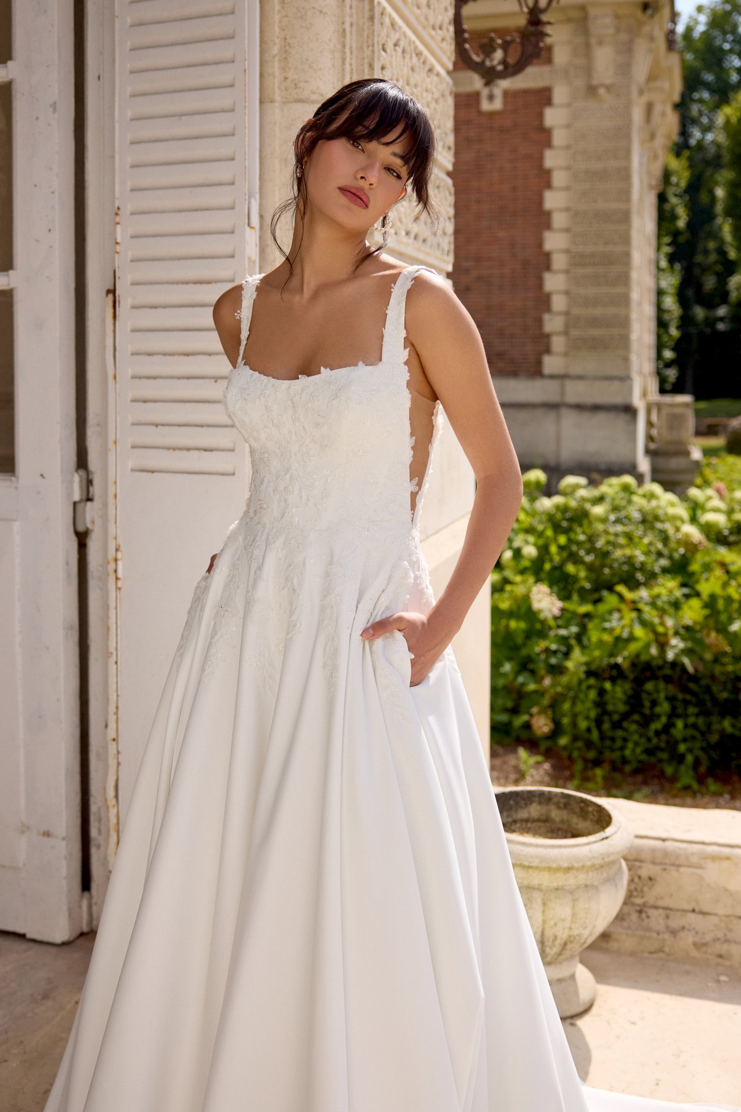 Adore by Justin Alexander Style 11435 Madeline Satin A-Line Gown with Square Neckline and Beaded Lace Appliqués