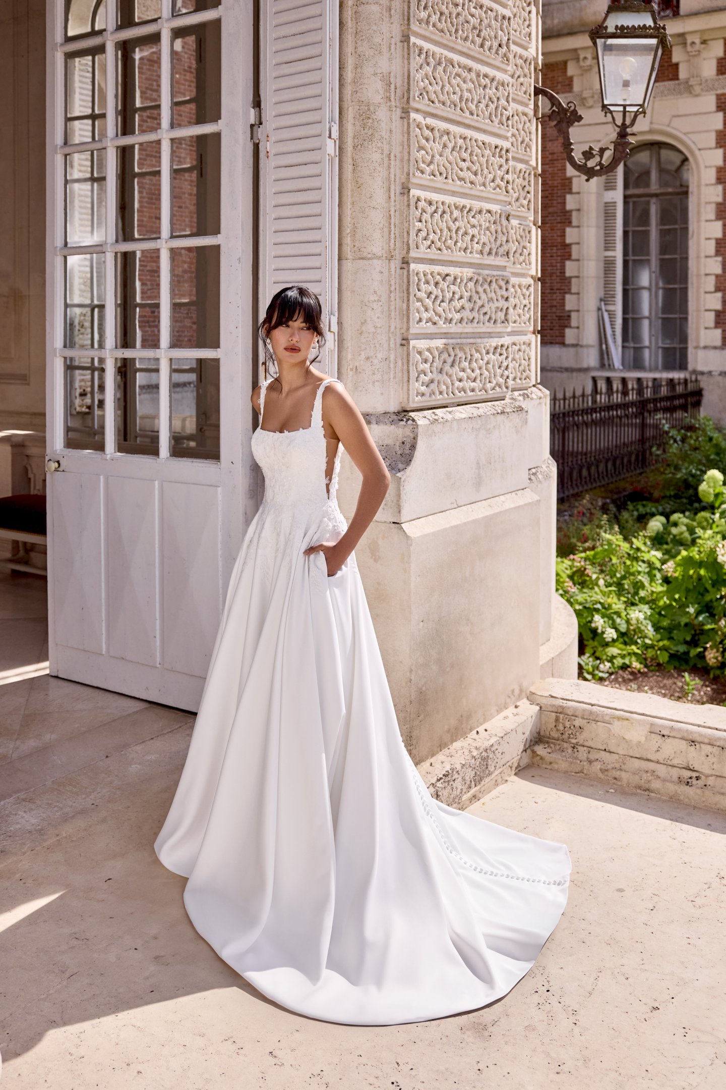 Adore by Justin Alexander Style 11435 Madeline Satin A-Line Gown with Square Neckline and Beaded Lace Appliqués