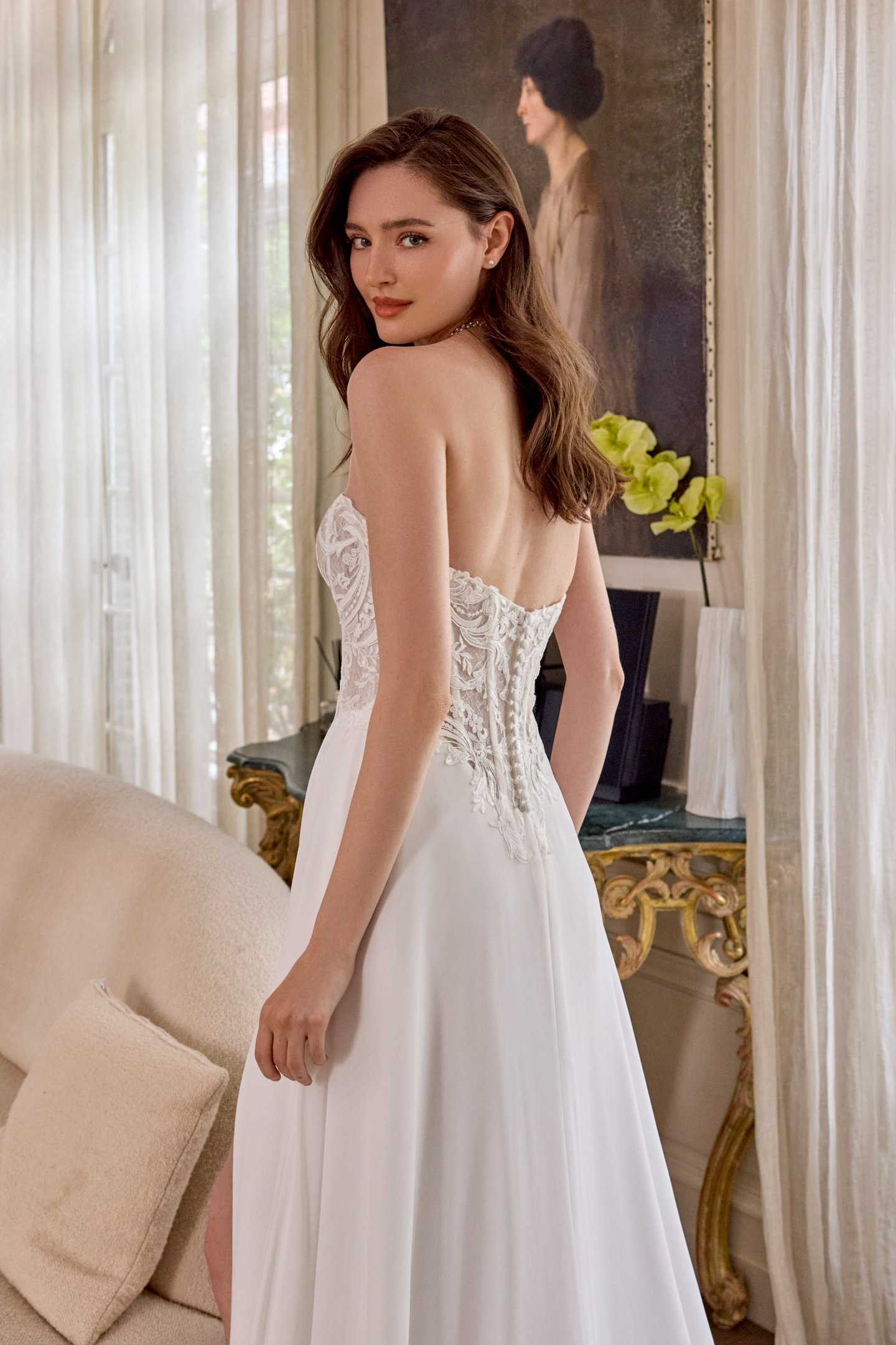 Adore by Justin Alexander Style 11436 Demi Chiffon A-Line Gown with Sequined Lace Appliqués and Basque Waistline