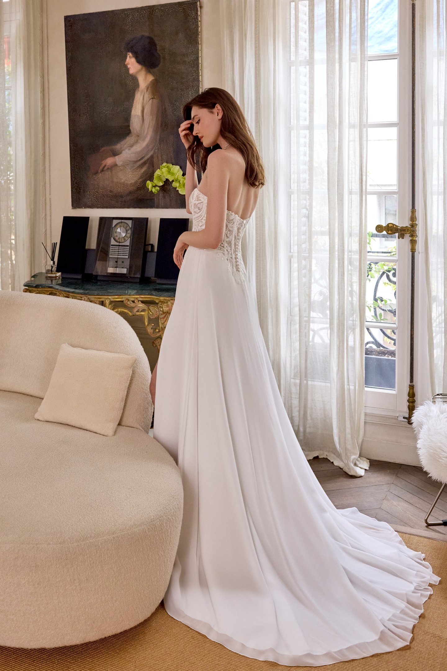 Adore by Justin Alexander Style 11436 Demi Chiffon A-Line Gown with Sequined Lace Appliqués and Basque Waistline