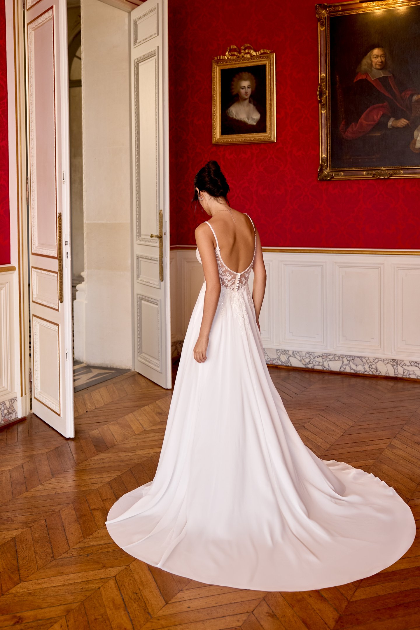 Adore by Justin Alexander Style 11438 Noelle Chiffon A-Line with Bikini Neckline and Sparkling Lace Appliqués