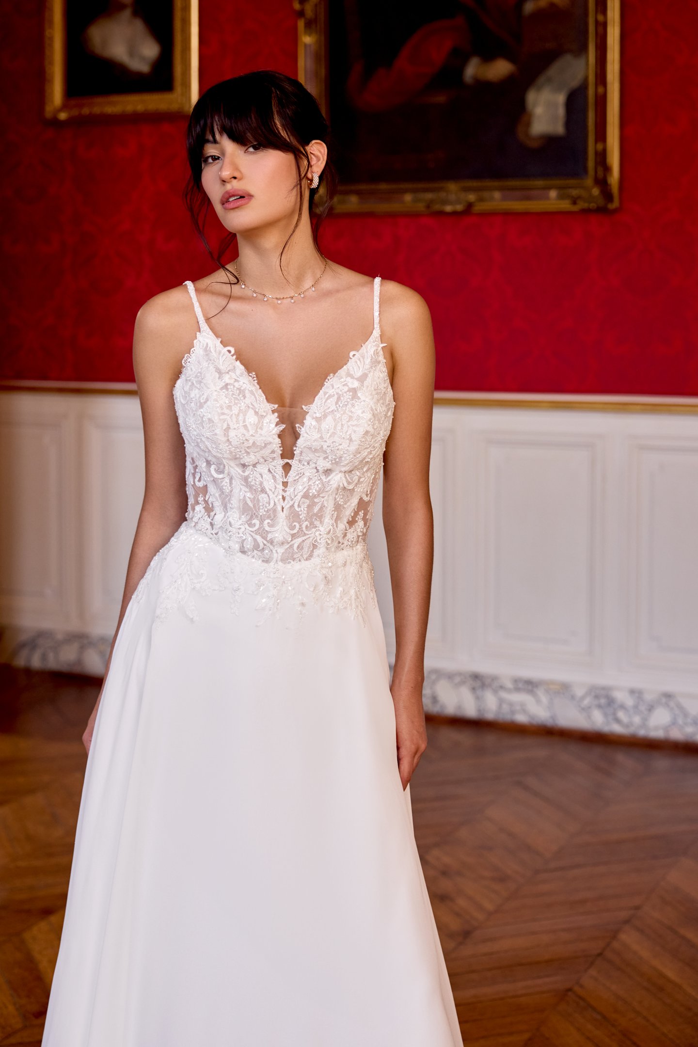 Adore by Justin Alexander Style 11438 Noelle Chiffon A-Line with Bikini Neckline and Sparkling Lace Appliqués