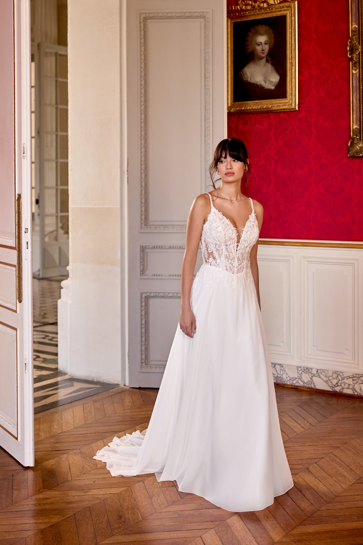 Adore by Justin Alexander Style 11438 Noelle Chiffon A-Line with Bikini Neckline and Sparkling Lace Appliqués