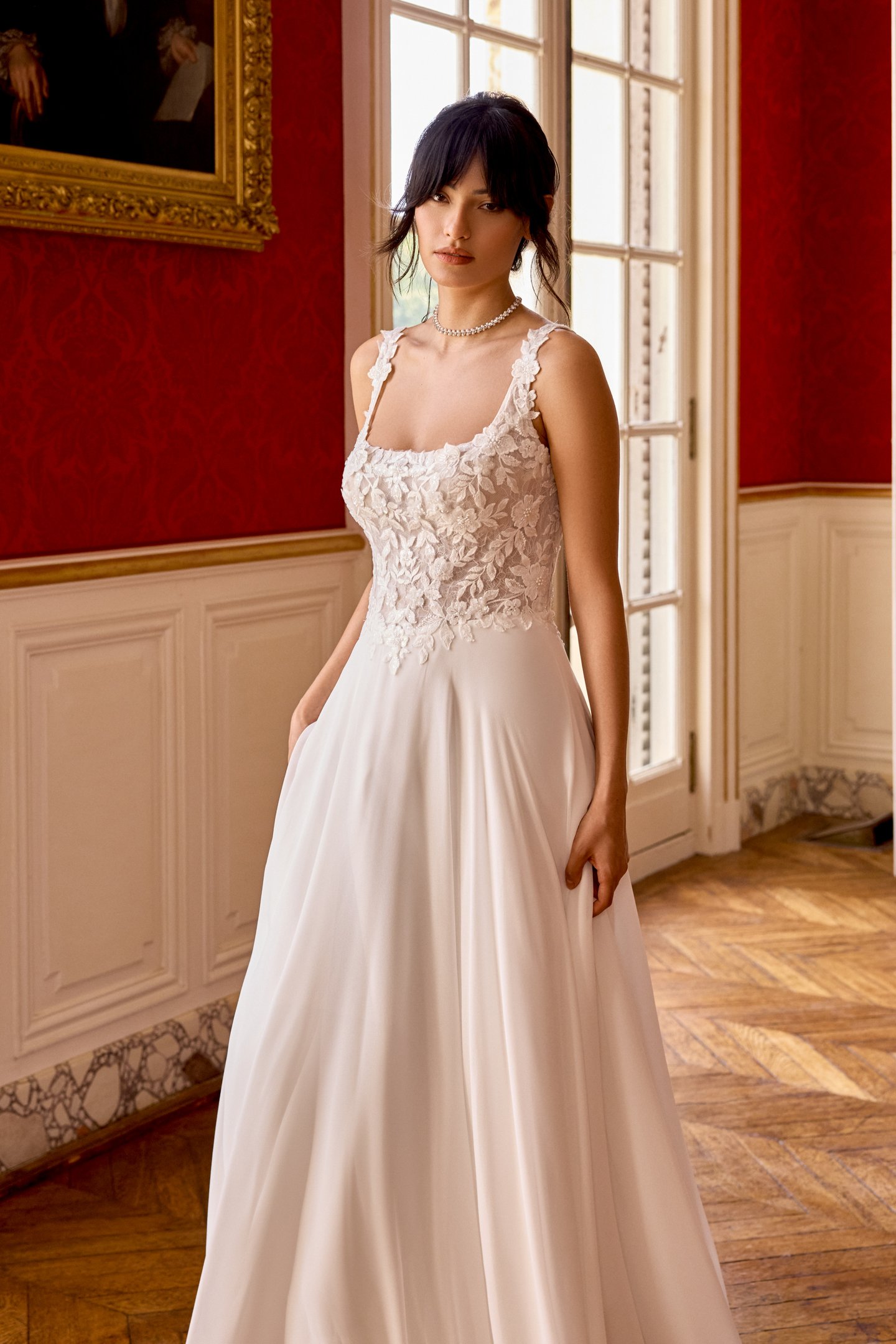 Adore by Justin Alexander Style 11439 Patrice Chiffon A-Line with Square Neckline and Sparkling Lace Appliqués