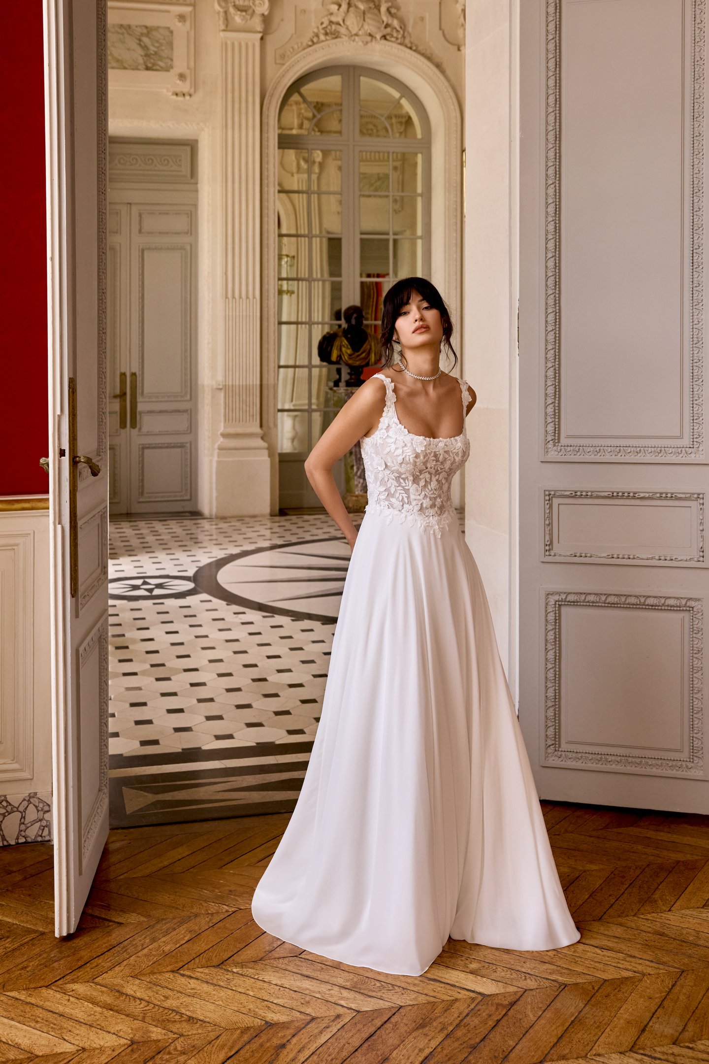Adore by Justin Alexander Style 11439 Patrice Chiffon A-Line with Square Neckline and Sparkling Lace Appliqués
