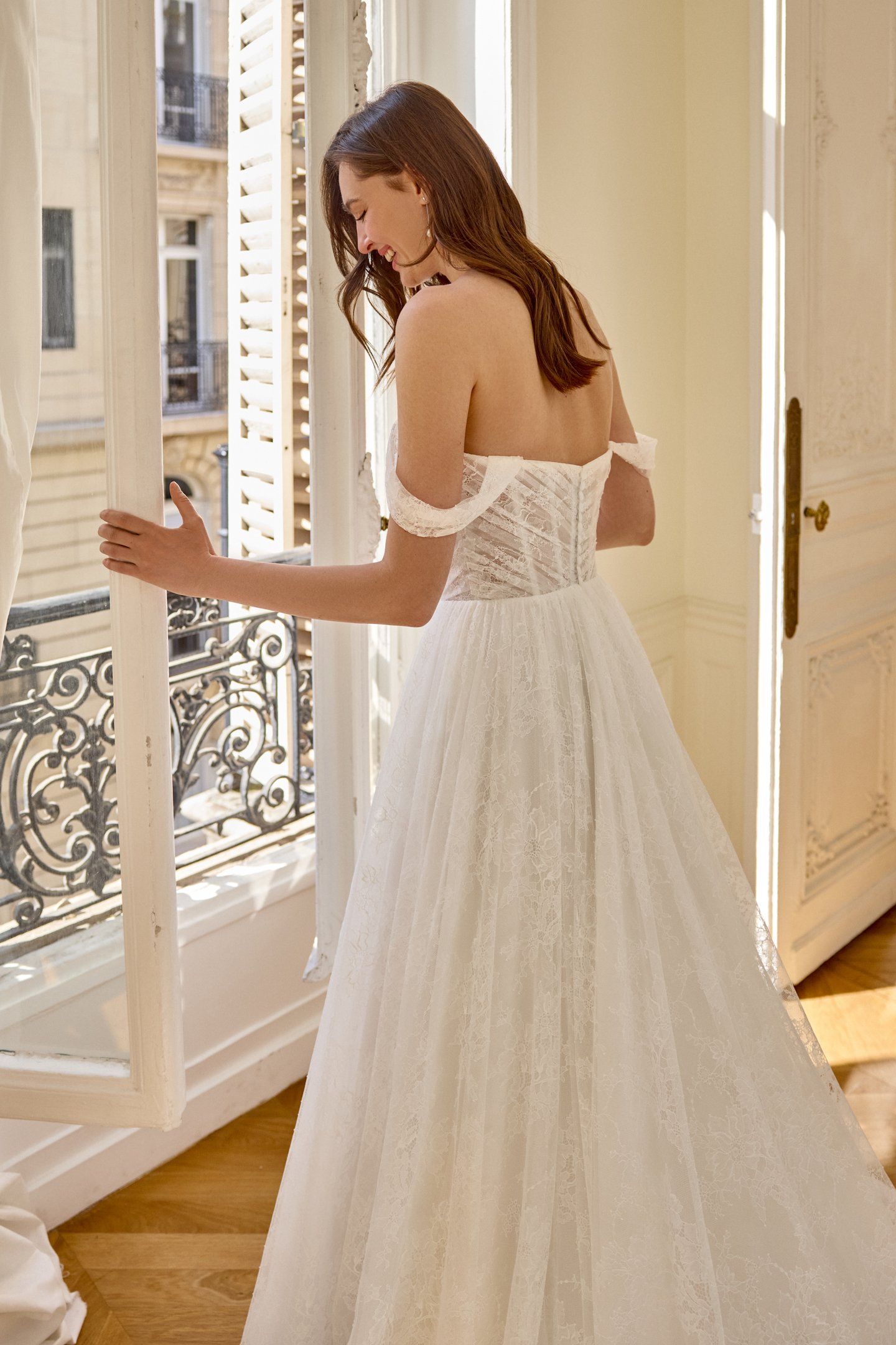 Adore by Justin Alexander Style 11440 Anabelle Allover Chantilly Lace A-Line Gown with Asymmetrical Draped Bodice