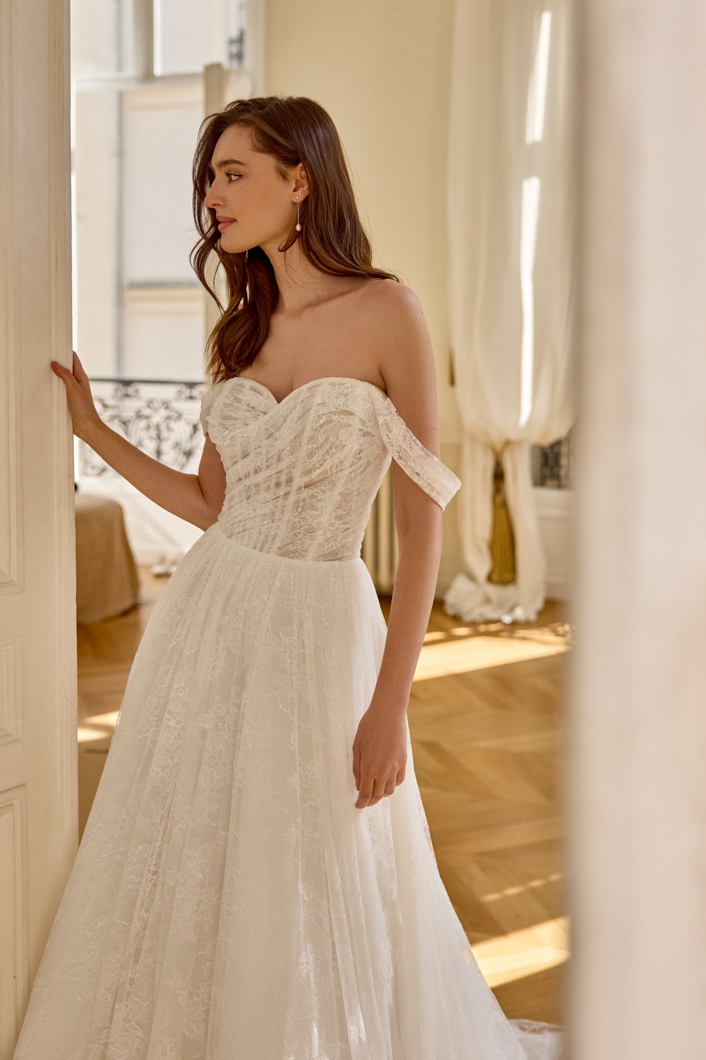Adore by Justin Alexander Style 11440 Anabelle Allover Chantilly Lace A-Line Gown with Asymmetrical Draped Bodice