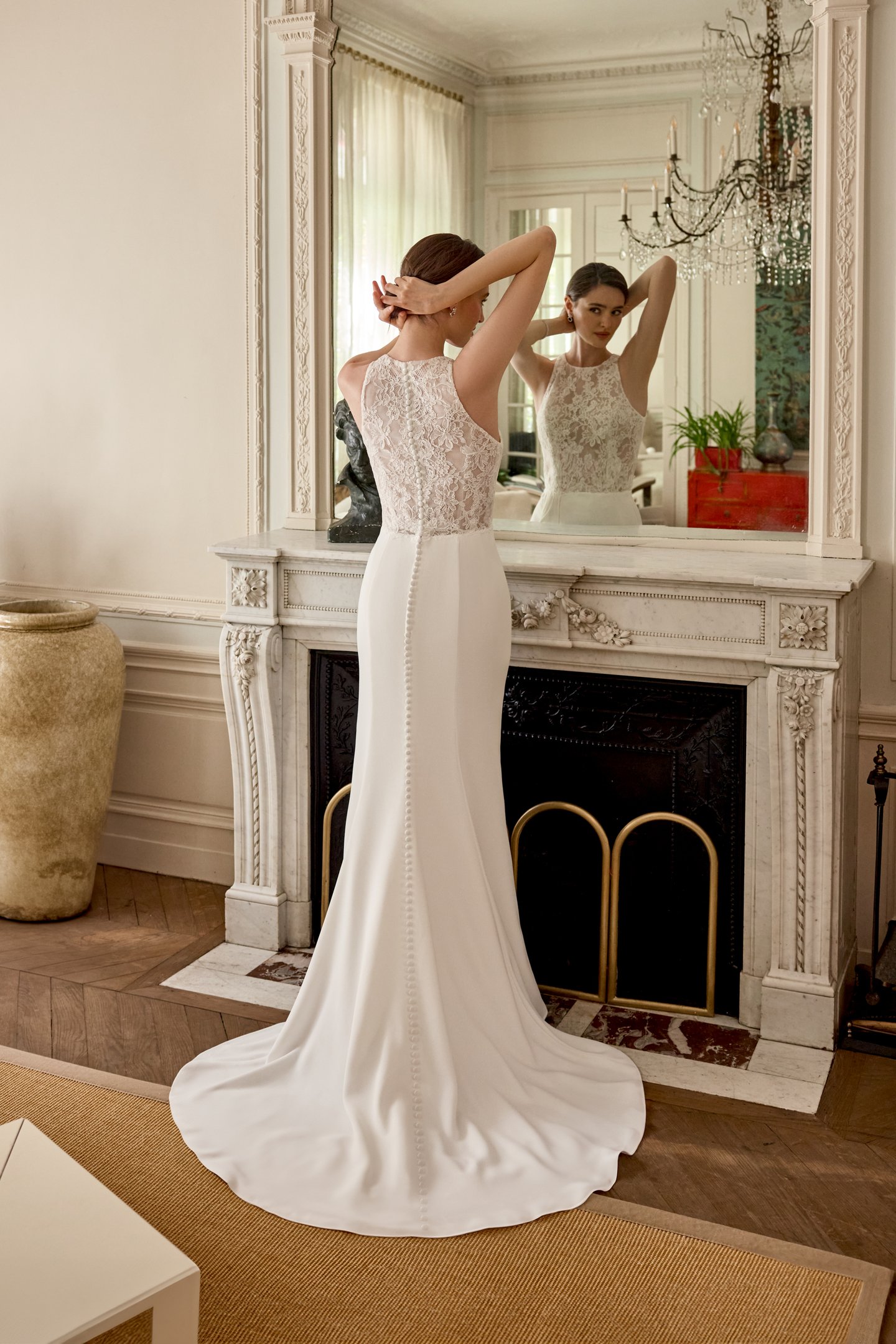 Adore by Justin Alexander Style 11441 Remy Crepe Fit and Flare Gown with High Neckline and Draped Skirt