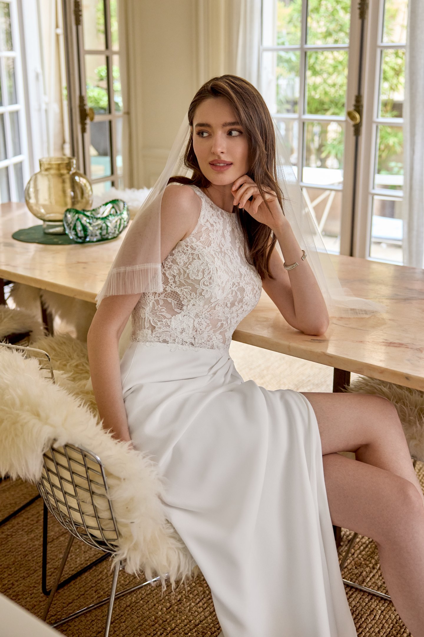 Adore by Justin Alexander Style 11441 Remy Crepe Fit and Flare Gown with High Neckline and Draped Skirt