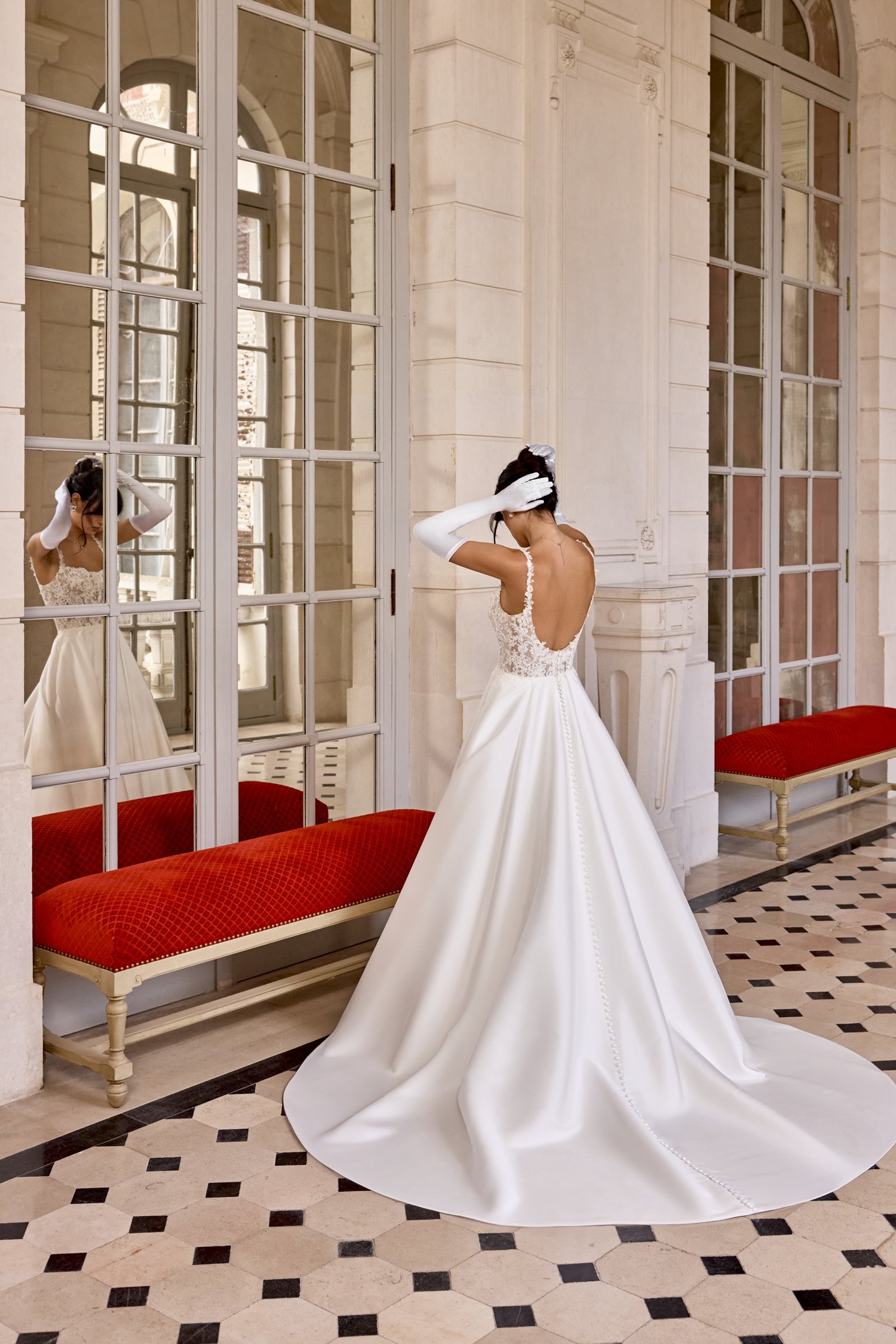 Adore by Justin Alexander Style 11442 Charline Mikado A-Line with Scoop Neckline and Matte Lace Appliqués on Bodice