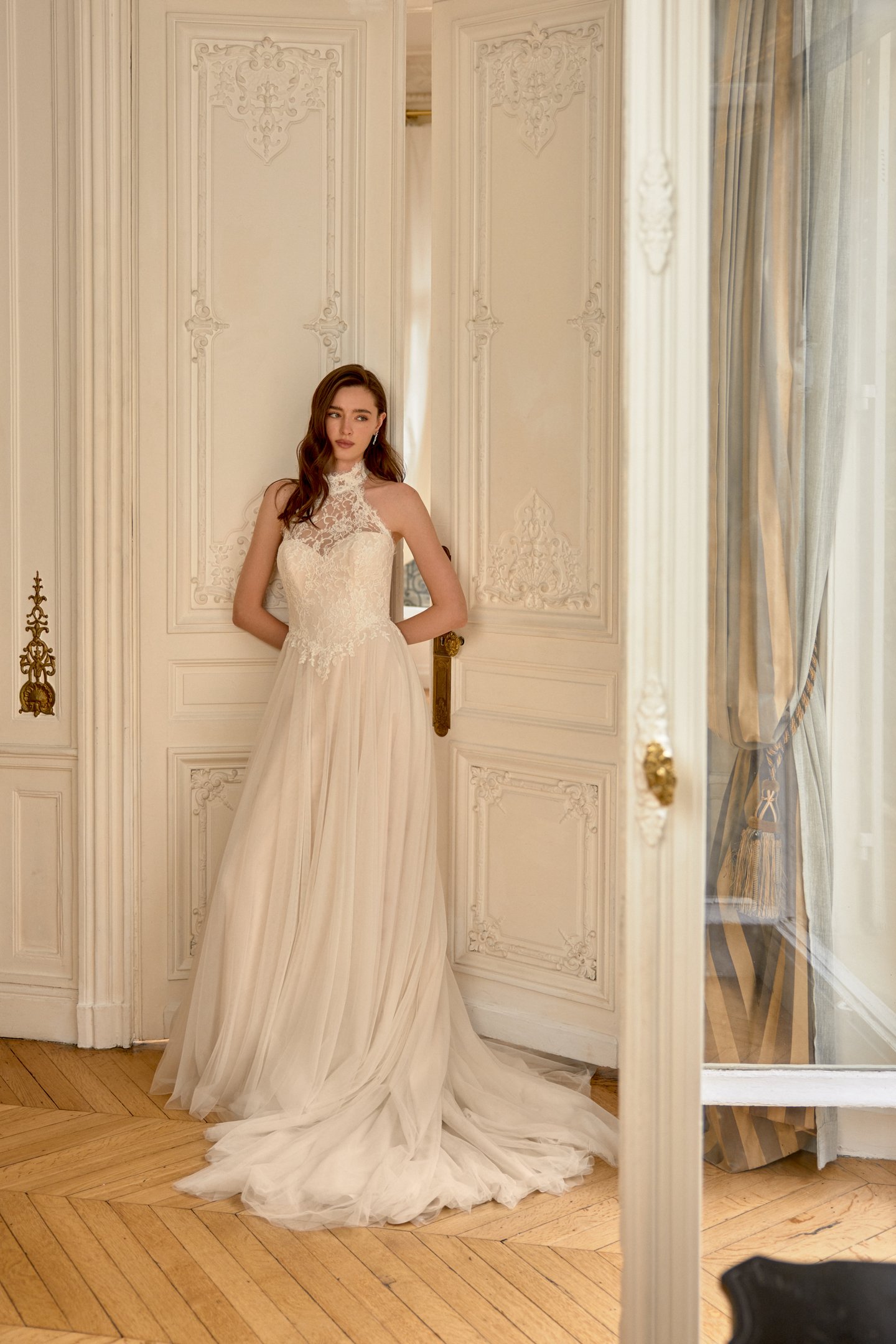 Adore by Justin Alexander Style 11443 Eloise English Net A-Line with Chantilly Lace Bodice and Halter Neckline