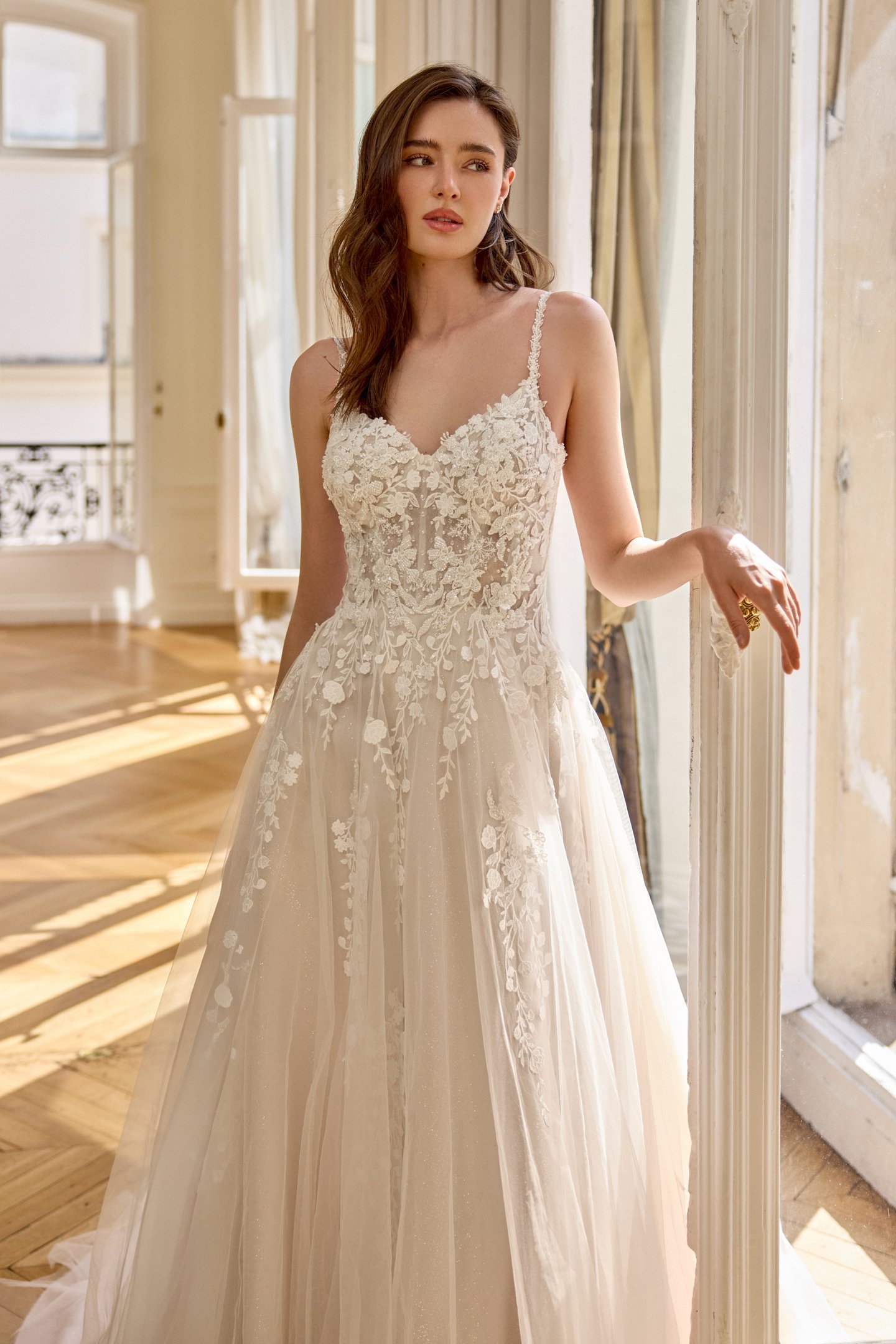 Adore by Justin Alexander Style 11444 Fleur Glitter Tulle A-Line with Bikini Neckline and Beaded Lace Appliqués
