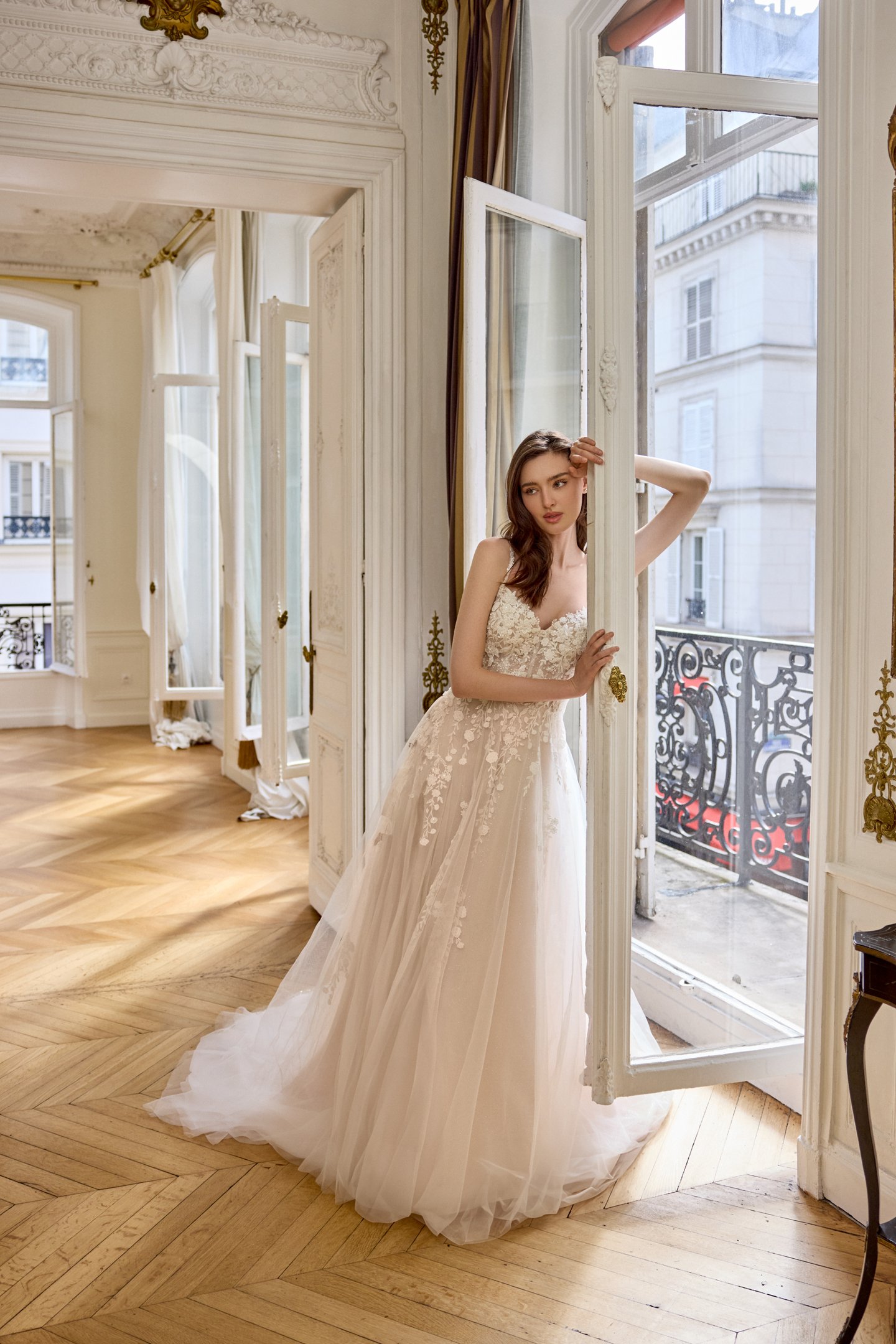 Adore by Justin Alexander Style 11444 Fleur Glitter Tulle A-Line with Bikini Neckline and Beaded Lace Appliqués