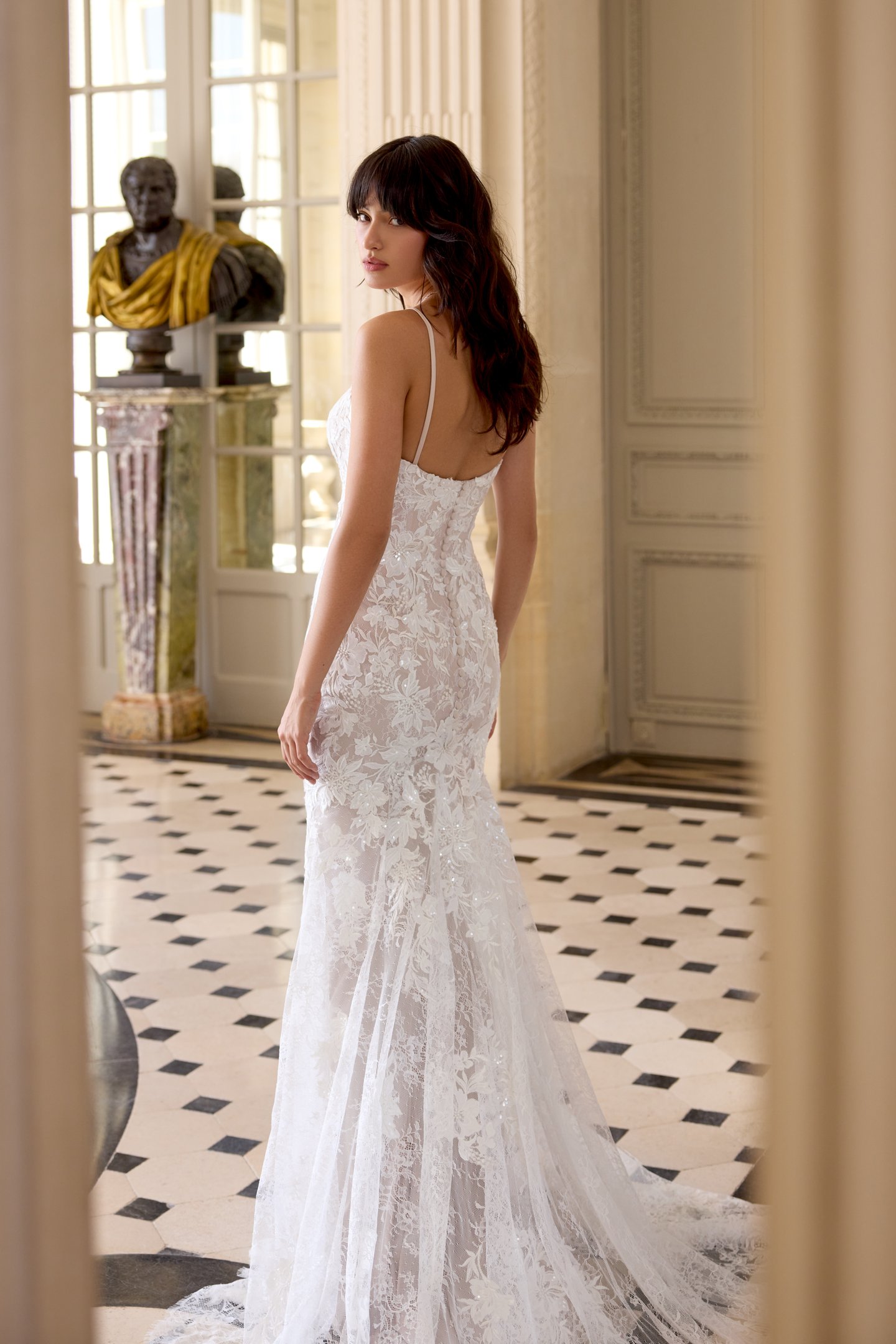 Adore by Justin Alexander Style 11445 Adeline Allover Lace Fit and Flare with Scalloped Lace Chapel Length Train