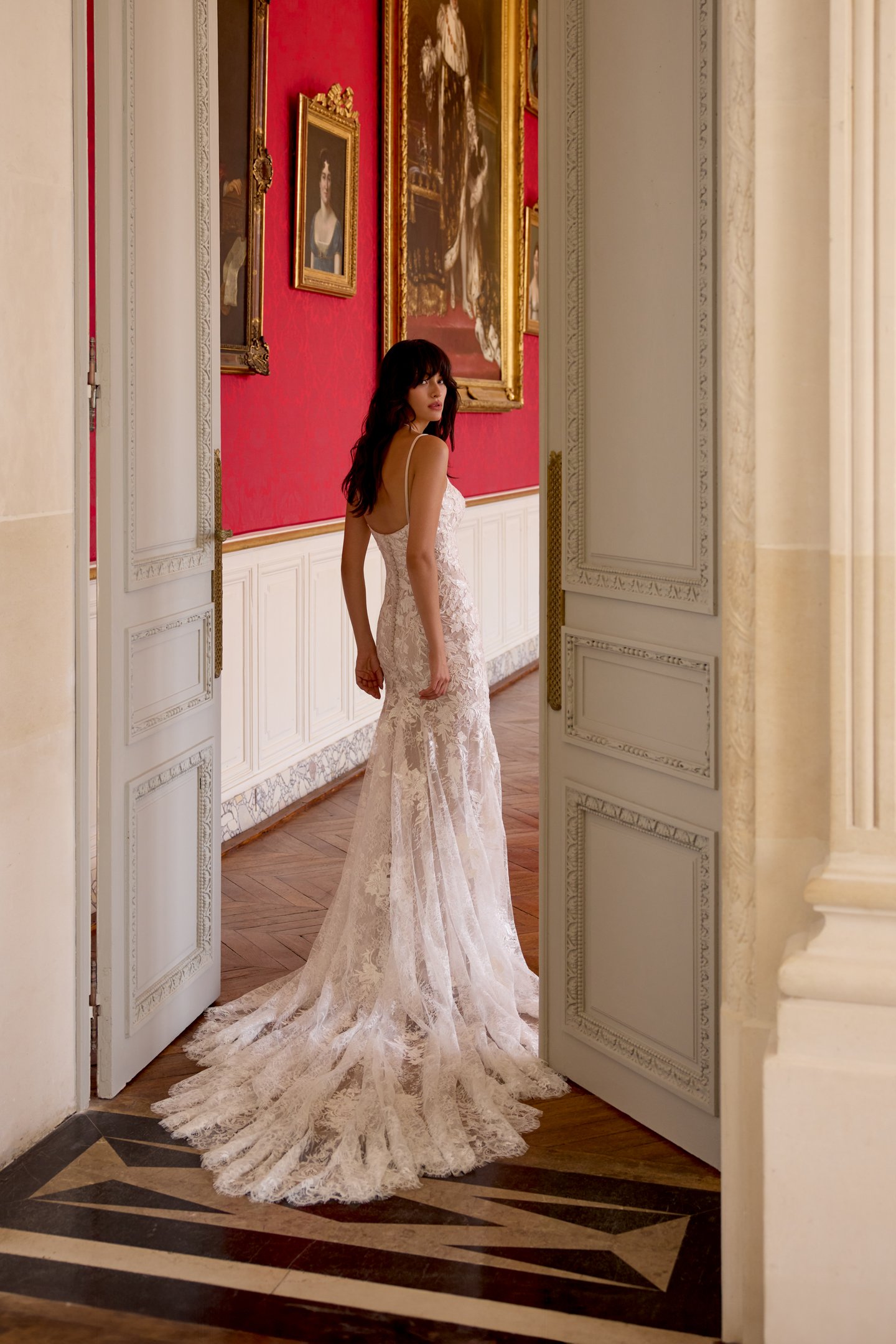 Adore by Justin Alexander Style 11445 Adeline Allover Lace Fit and Flare with Scalloped Lace Chapel Length Train