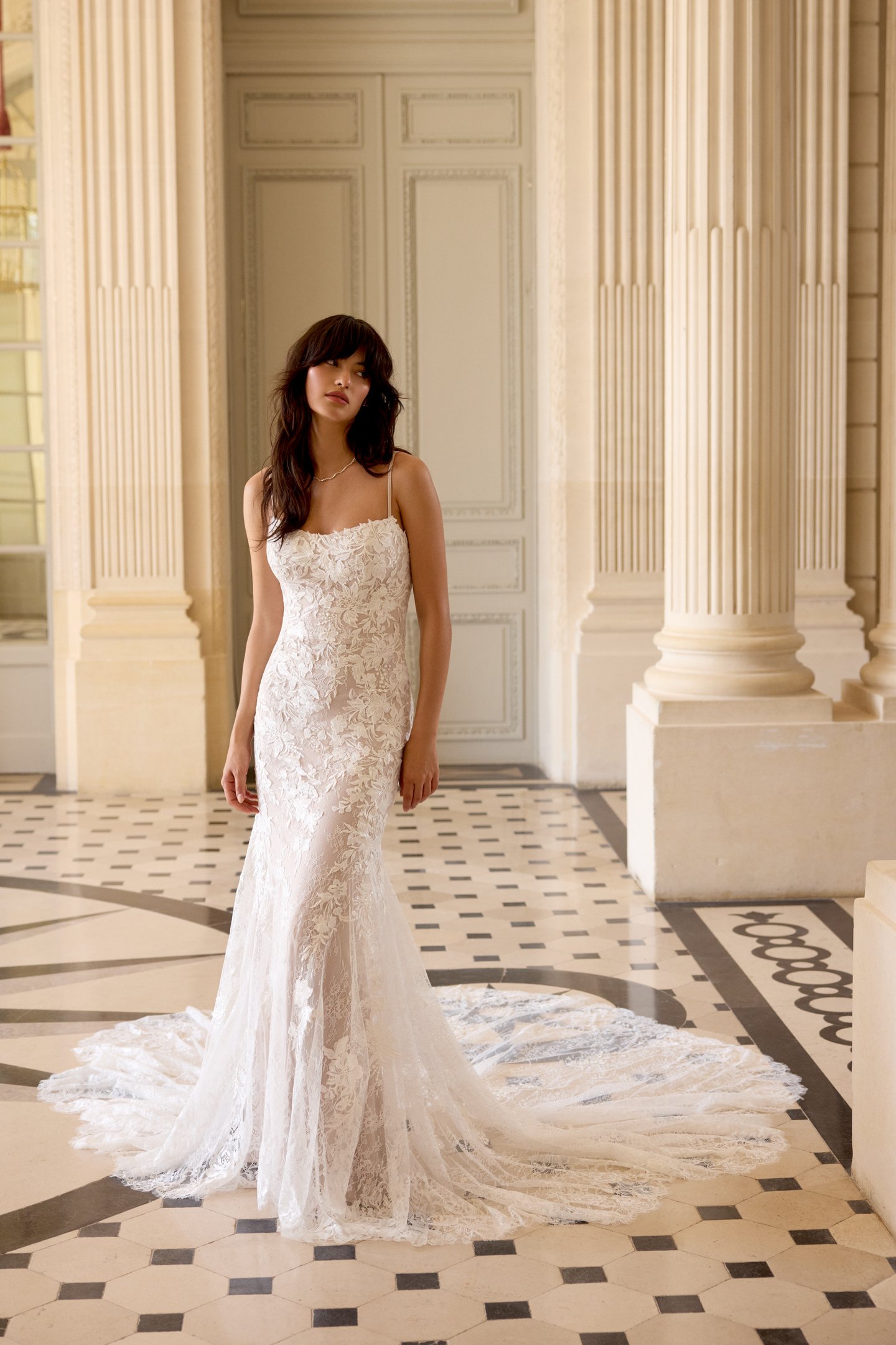 Adore by Justin Alexander Style 11445 Adeline Allover Lace Fit and Flare with Scalloped Lace Chapel Length Train