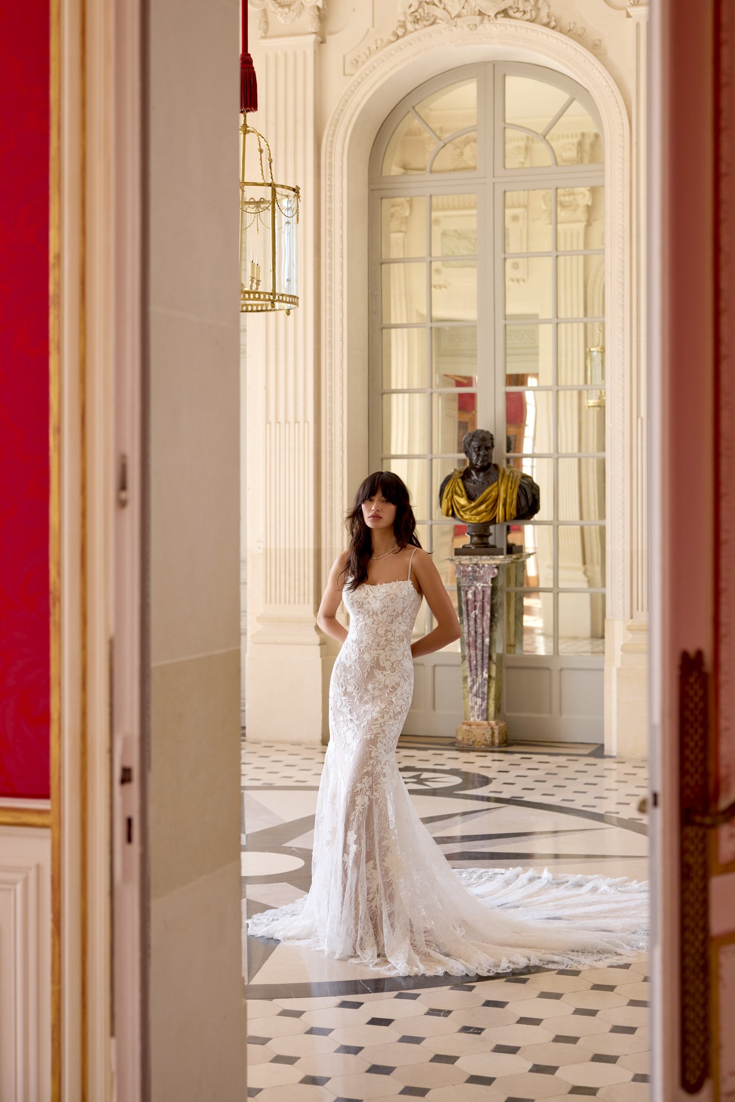 Adore by Justin Alexander Style 11445 Adeline Allover Lace Fit and Flare with Scalloped Lace Chapel Length Train