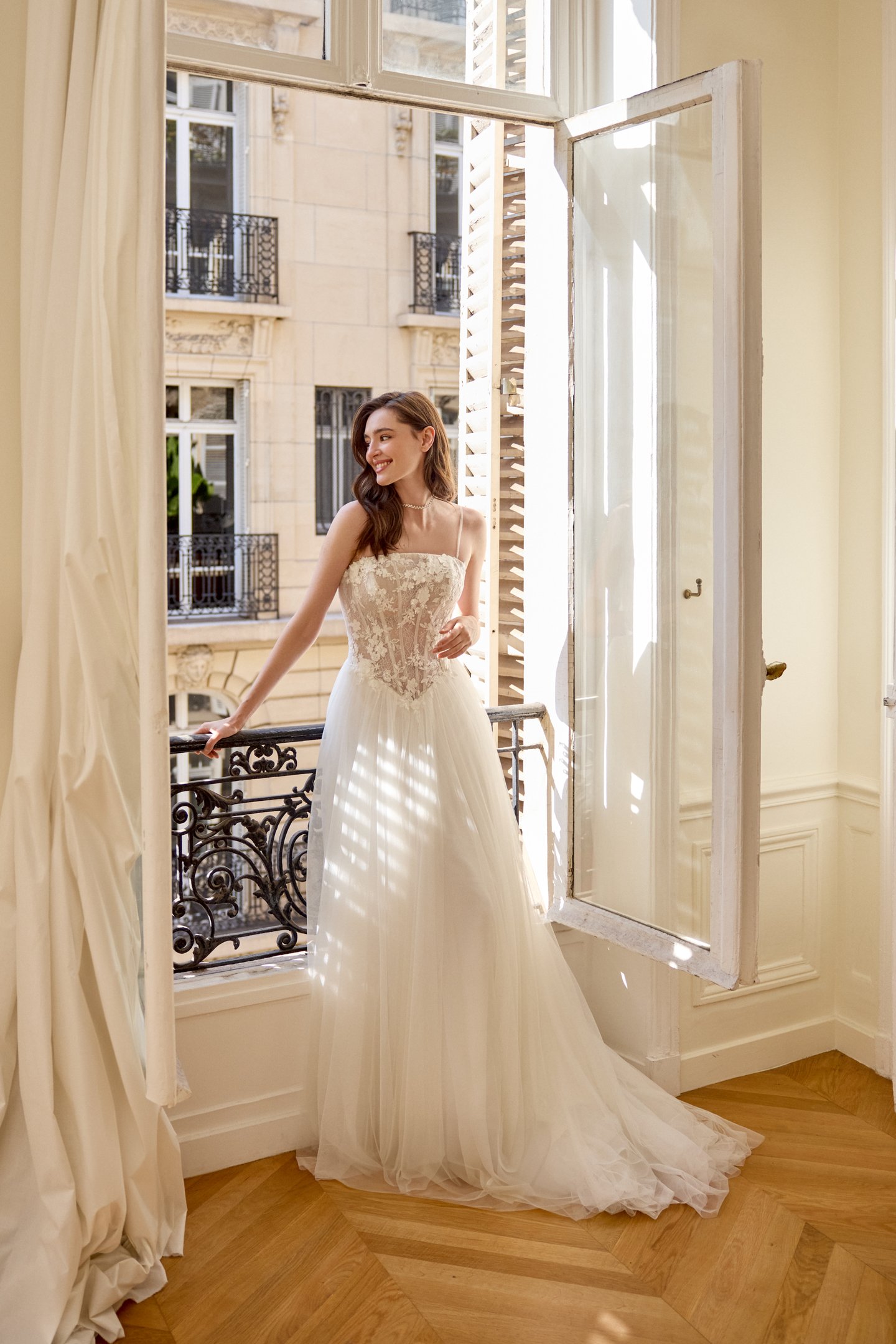 Adore by Justin Alexander Style 11447 Delphine English Net A-Line with Arched Neckline and Chantilly Lace Bodice
