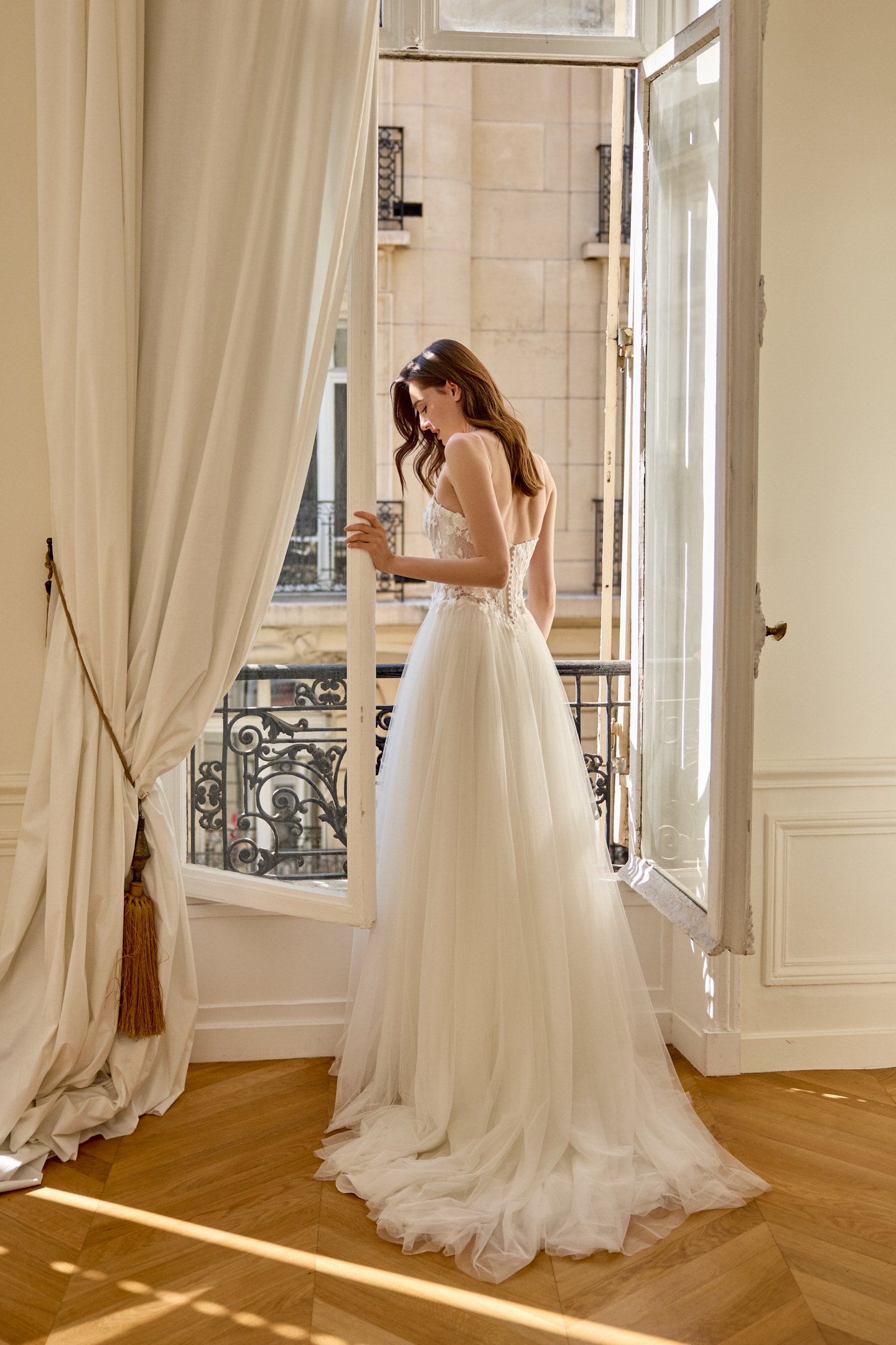 Adore by Justin Alexander Style 11447 Delphine English Net A-Line with Arched Neckline and Chantilly Lace Bodice