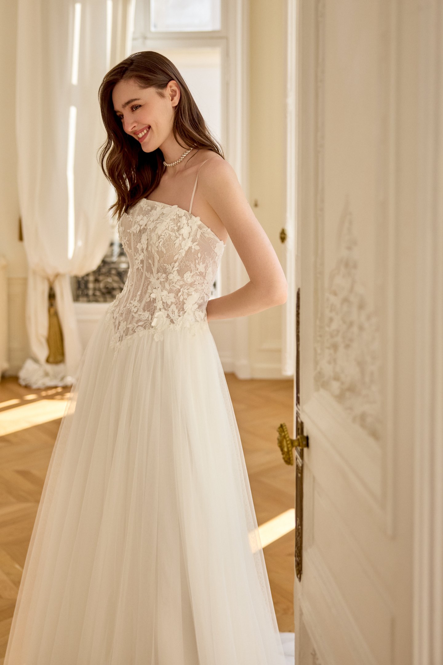 Adore by Justin Alexander Style 11447 Delphine English Net A-Line with Arched Neckline and Chantilly Lace Bodice