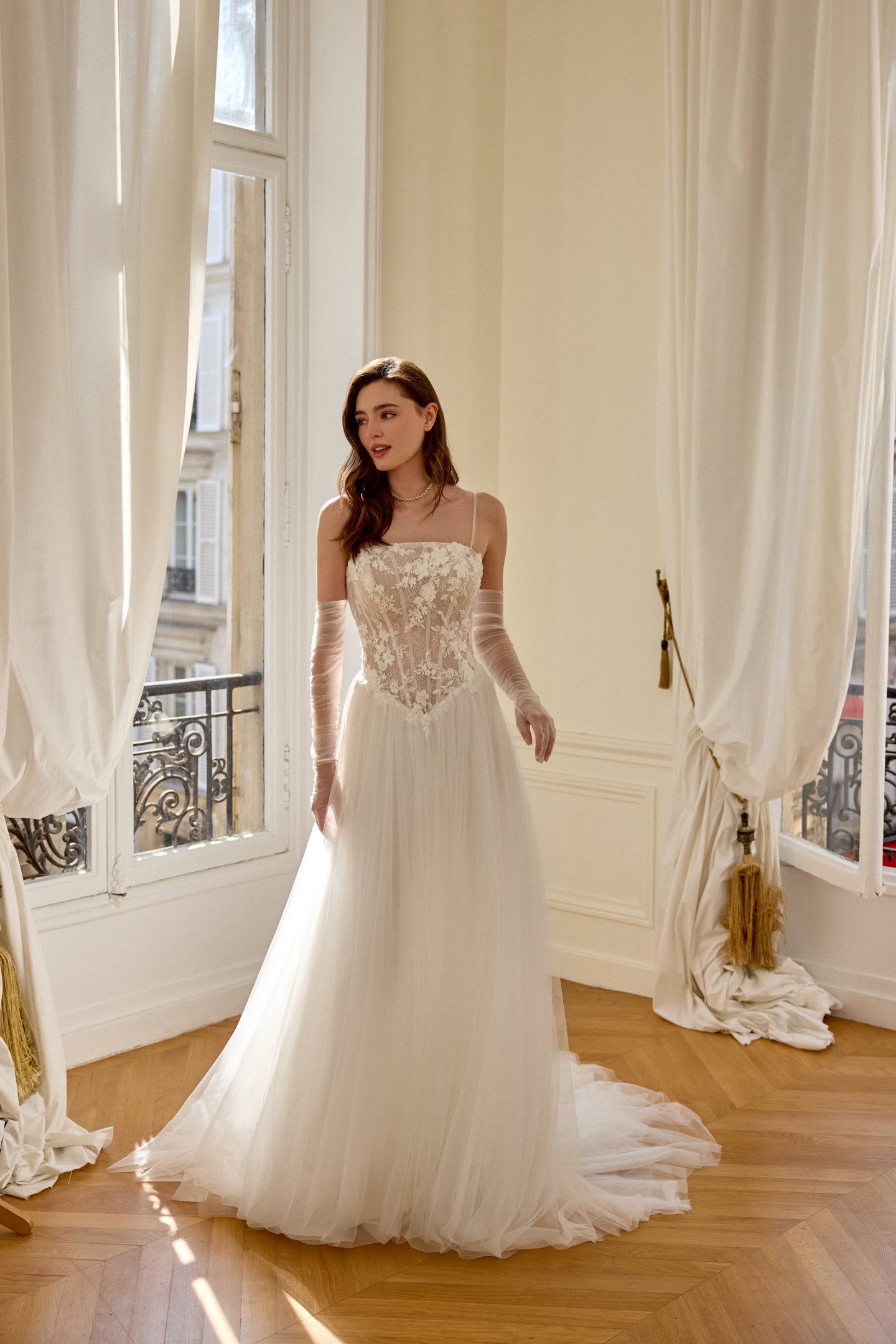 Adore by Justin Alexander Style 11447 Delphine English Net A-Line with Arched Neckline and Chantilly Lace Bodice