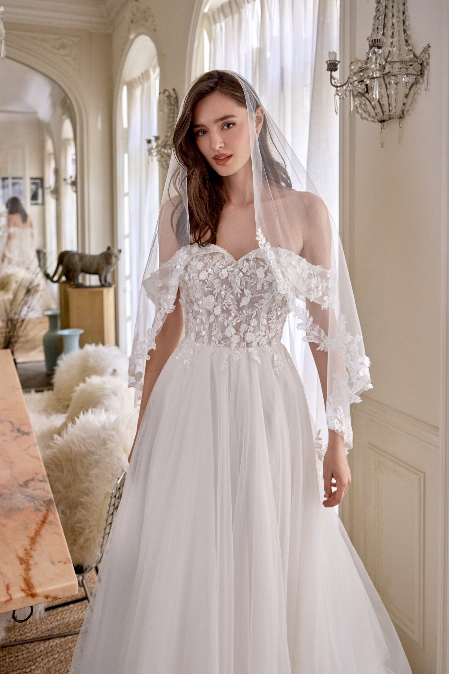 Adore by Justin Alexander Style 11448 Cheri Tulle A-Line with Off-the-Shoulder Sweetheart Collar and Beaded Bodice