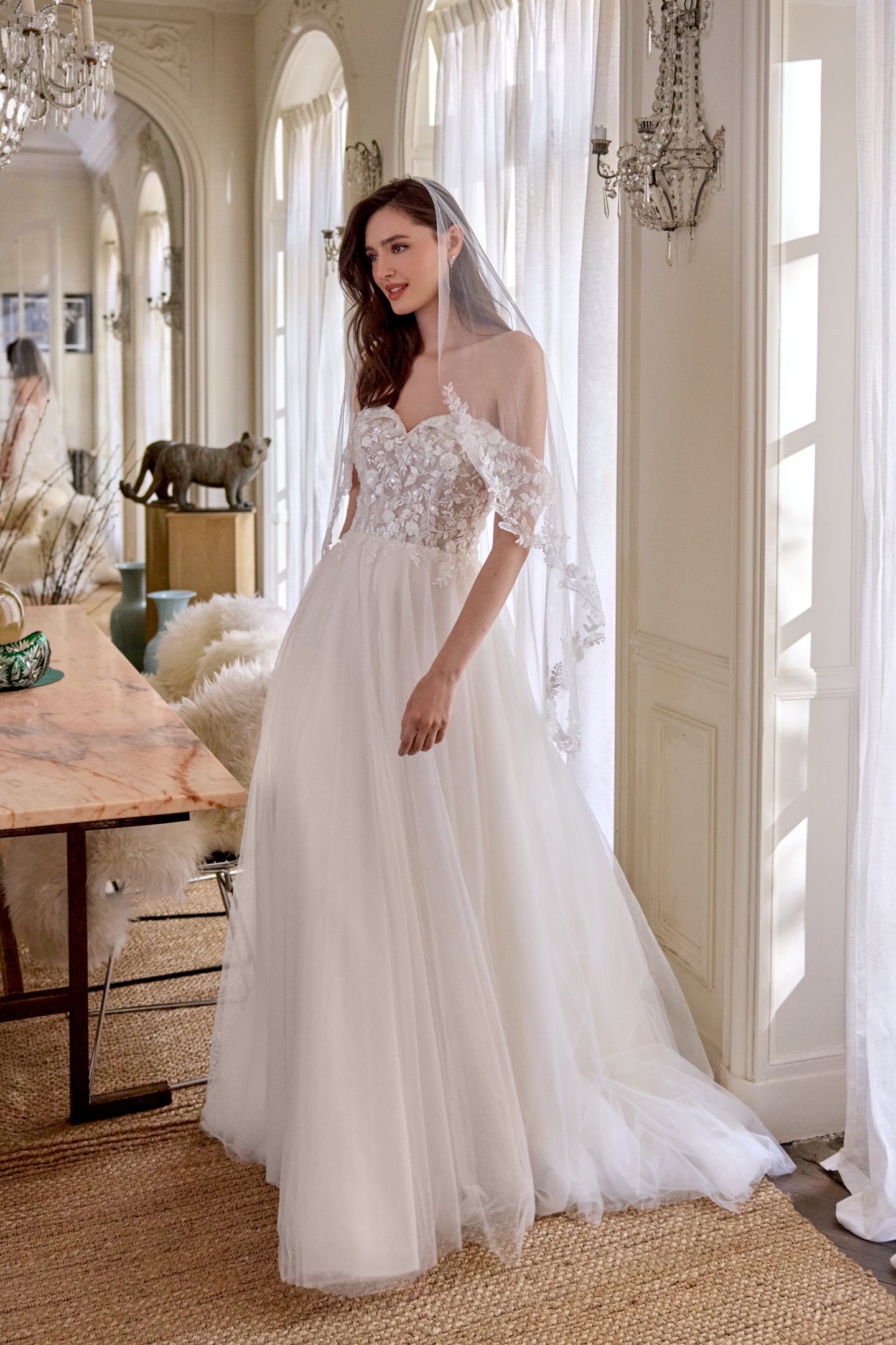 Adore by Justin Alexander Style 11448 Cheri Tulle A-Line with Off-the-Shoulder Sweetheart Collar and Beaded Bodice