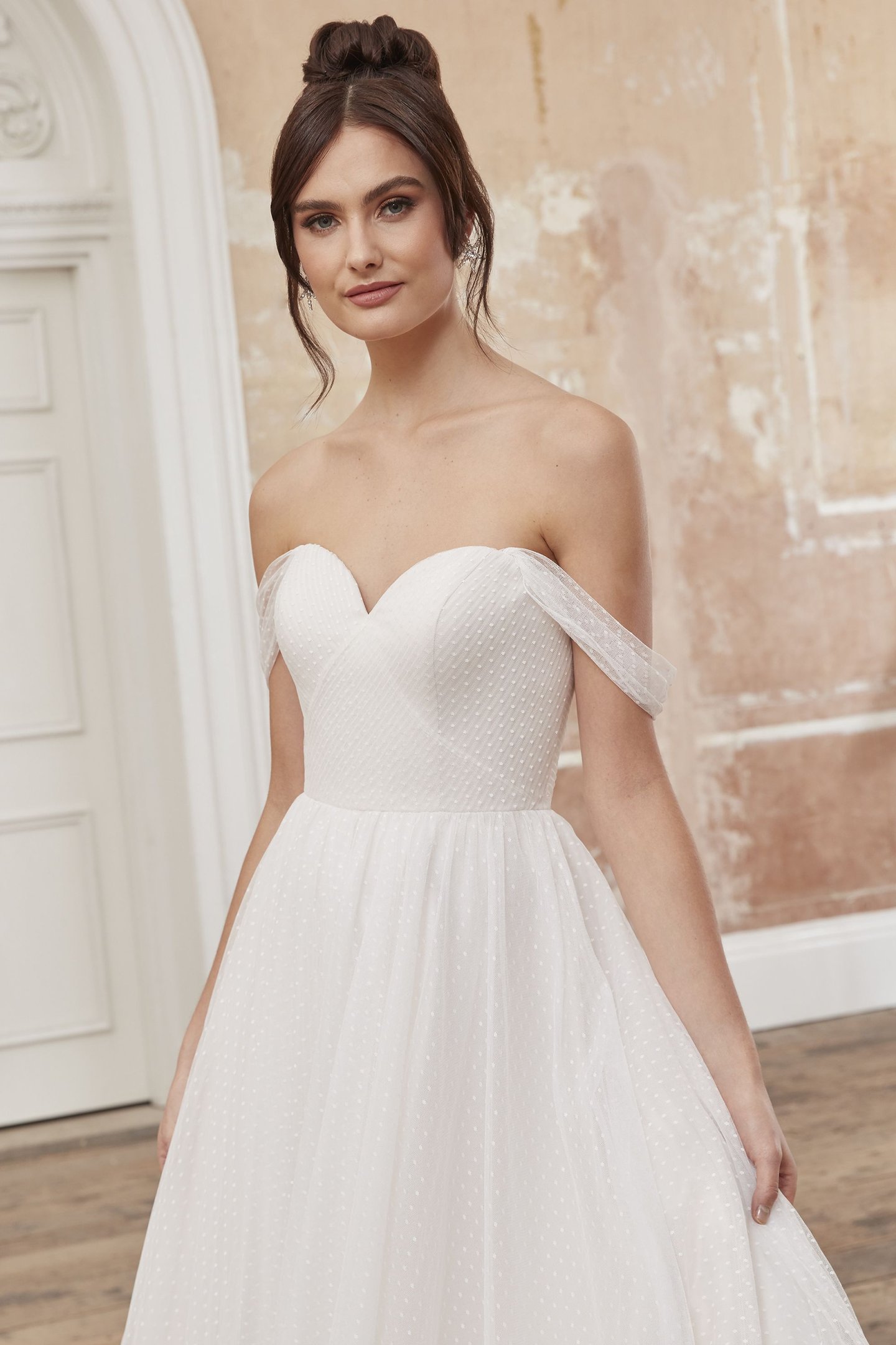 Adore by Justin Alexander Style 11211 Laelynn Point D'esprit Tea Length Gown with Off-the-Shoulder Straps