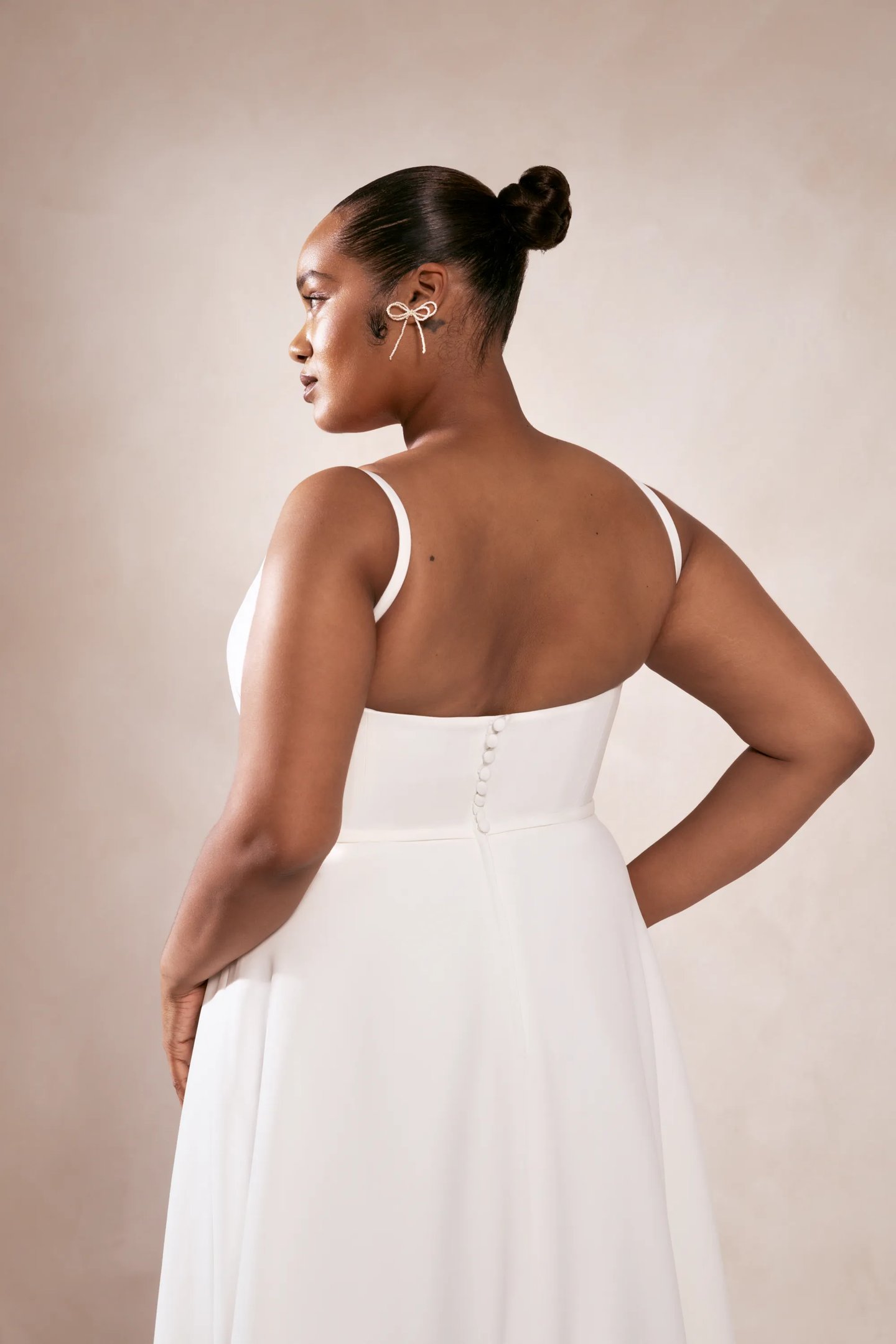 a line elopement dress A-Line Boho Lace Wedding Dress with Sleeves Plunging Neckline Sweep Train, White-Nude / 4
