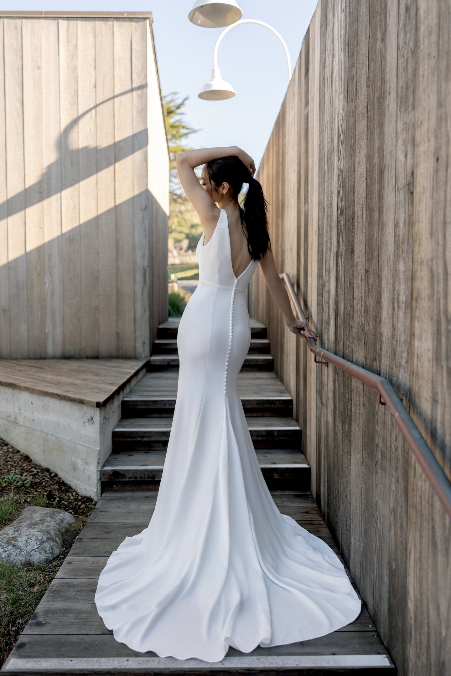 Adore by Justin Alexander Style 11407 Callum Satin Back Crepe Fit and Flare Gown with V-Neckline and Deep V-Back