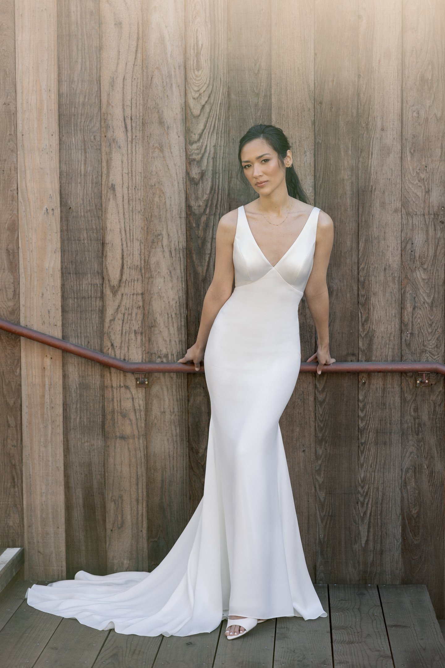 Adore by Justin Alexander Style 11407 Callum Satin Back Crepe Fit and Flare Gown with V-Neckline and Deep V-Back