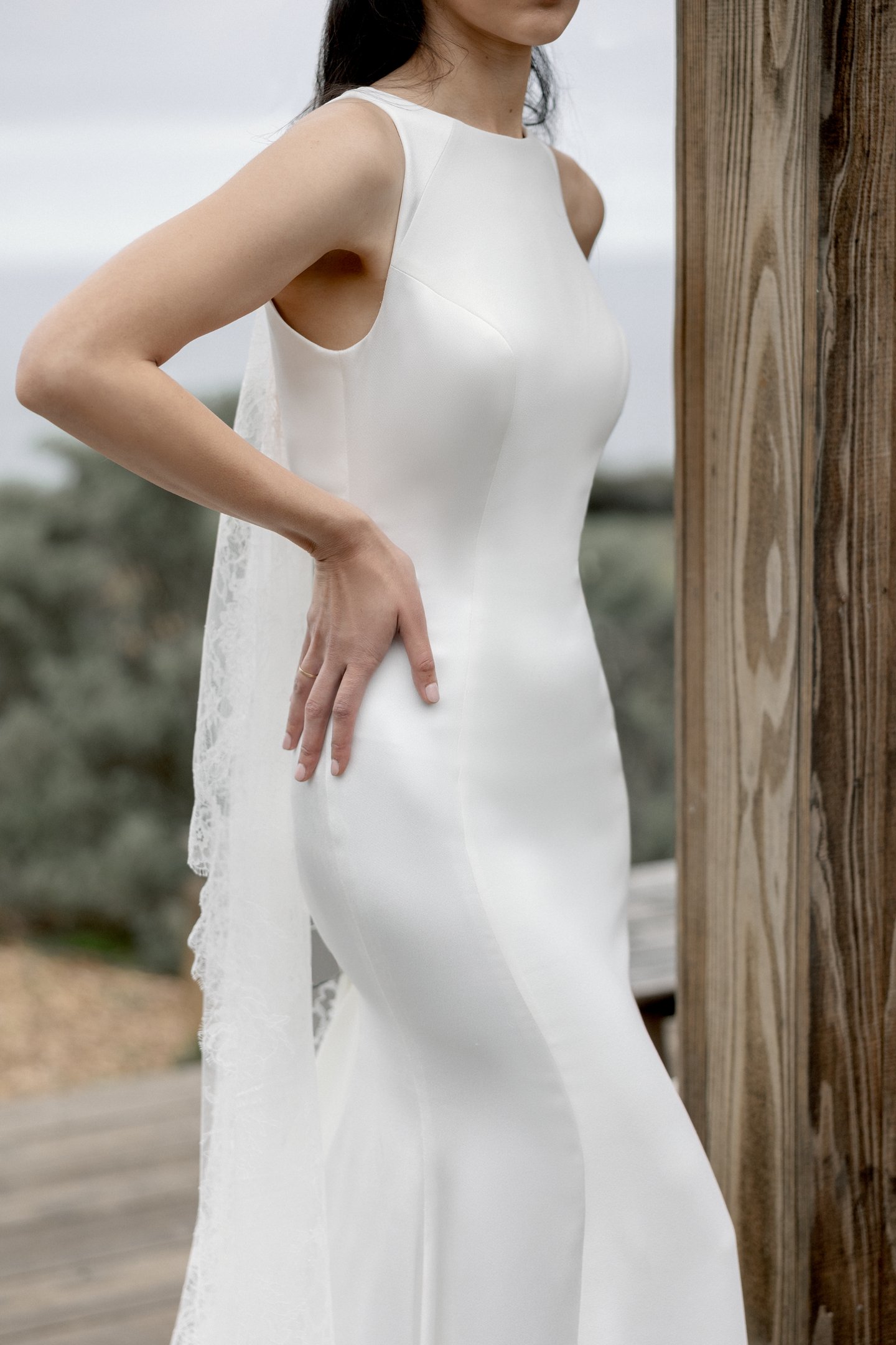 Adore by Justin Alexander Style 11409 Freida Satin Back Crepe Fit and Flare with Princess Seams  Jewel Neckline and Keyhole Back