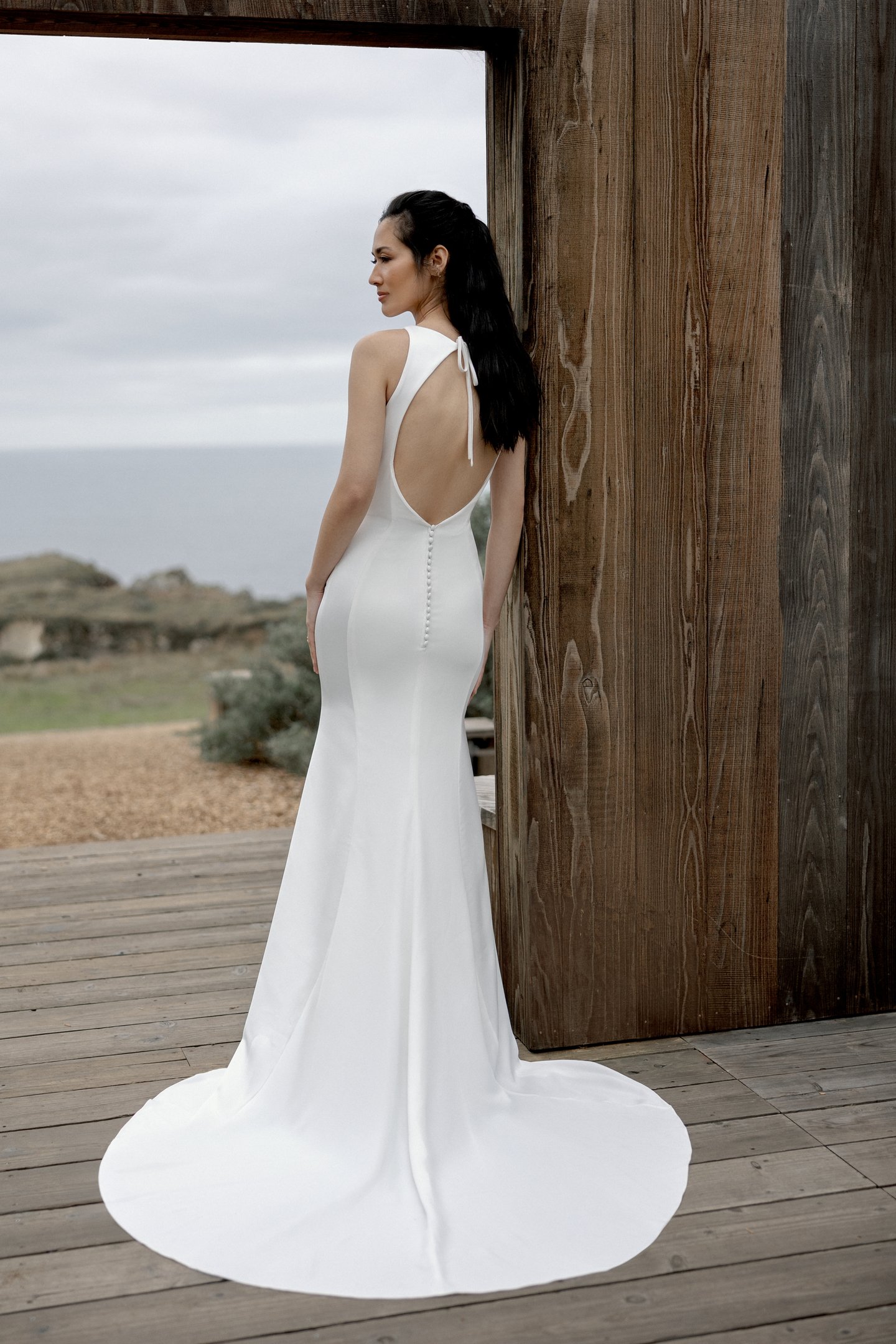 Adore by Justin Alexander Style 11409 Freida Satin Back Crepe Fit and Flare with Princess Seams  Jewel Neckline and Keyhole Back