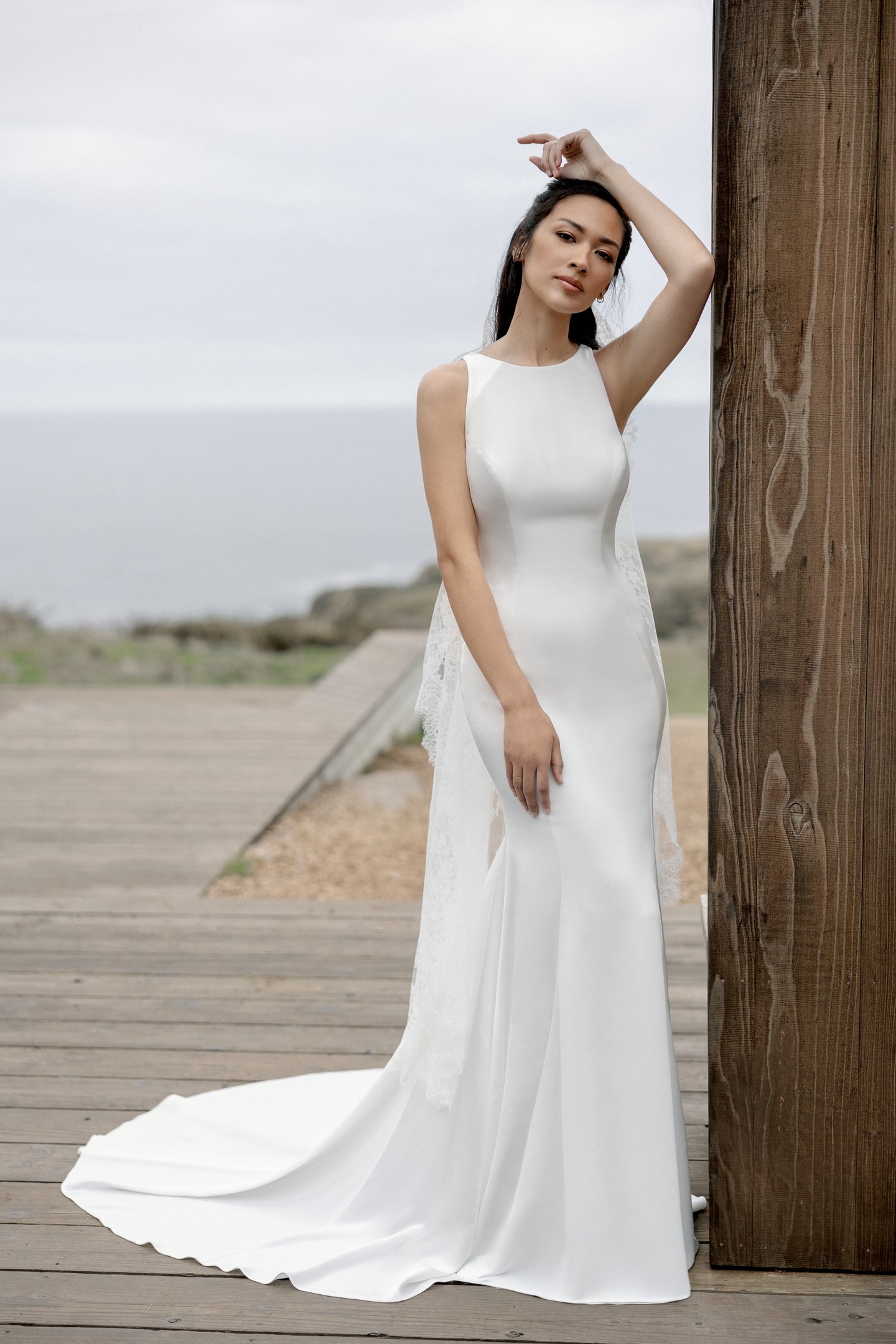 Adore by Justin Alexander Style 11409 Freida Satin Back Crepe Fit and Flare with Princess Seams  Jewel Neckline and Keyhole Back