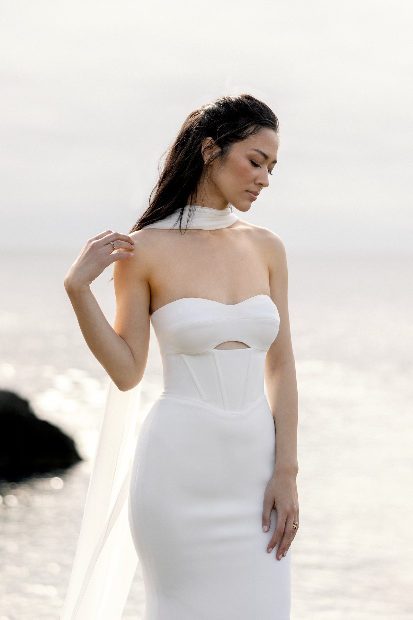 Wren: Crepe Strapless Fit and Flare with Exposed Boning Cut-Out Detail and Basque Waist | Adore by Justin Alexander Wren: Crepe Strapless Fit and Flare with Exposed Boning Cut-Out Detail and Basque Waist | Adore by Justin Alexander