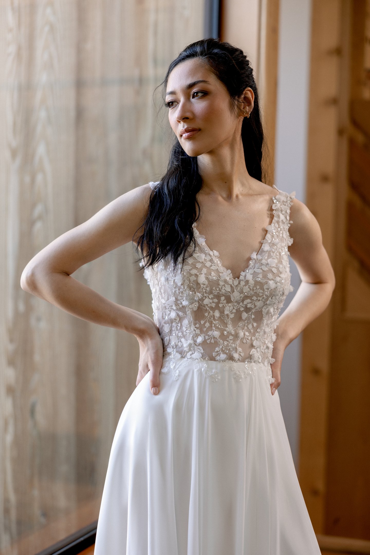 Adore by Justin Alexander Style 11416 Meadow A-Line Gown with Beaded & Sequined Lace V-Neckline Bodice and Chiffon Skirt