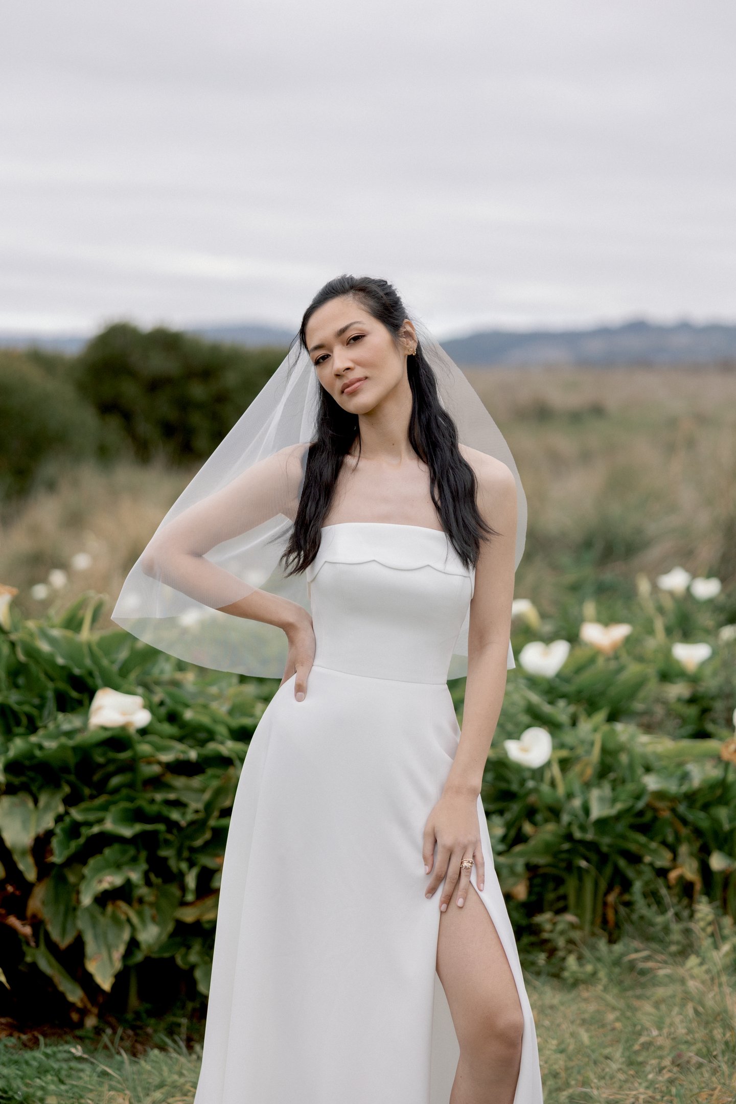 Adore by Justin Alexander Style 11419 Ondine Stretch Crepe A-Line Gown with Scalloped Cuff Neckline and Skirt Slit