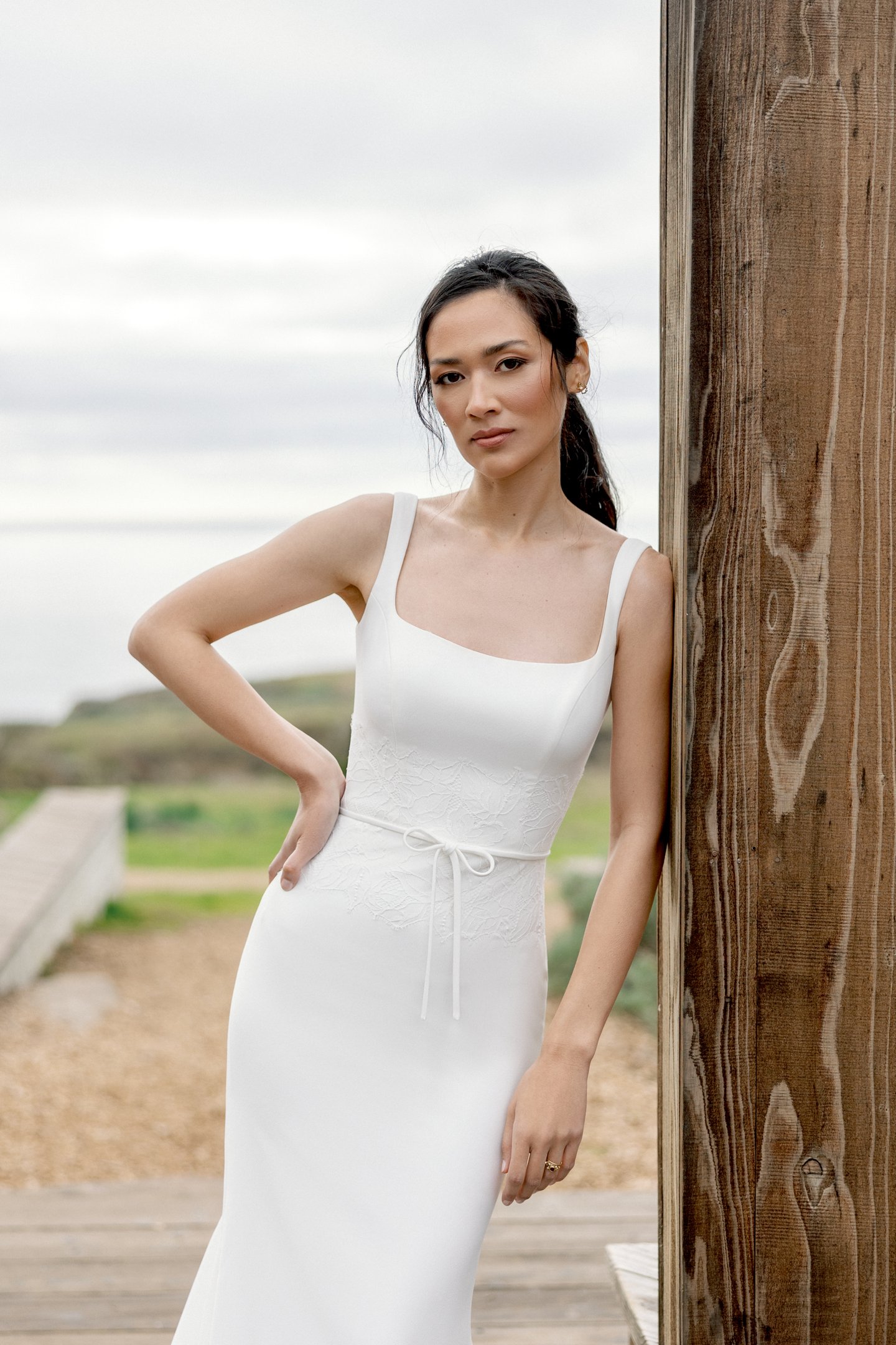 Adore by Justin Alexander Style 11420 Mei Crepe Fit and Flare Bridal Gown with Chantilly Lace and Bow Detail