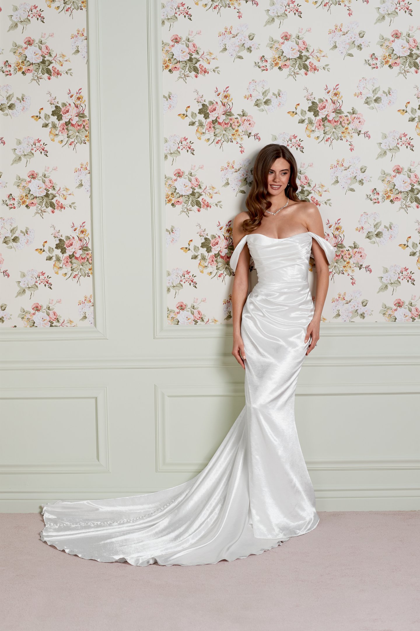 Adore by Justin Alexander Style 11455 Shirley Satin Fit and Flare Bridal Gown with Ruched Bodice and Asymmetrical Draping Across Skirt