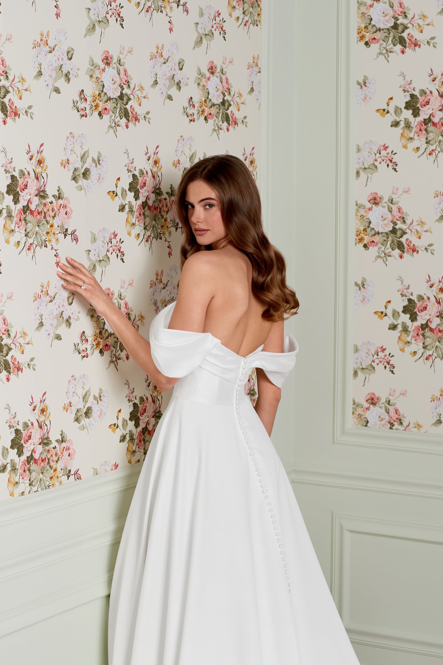 Adore by Justin Alexander Style 11456 Effie Crepe A-Line Bridal Gown with Off-the-Shoulder Pleated Neckline