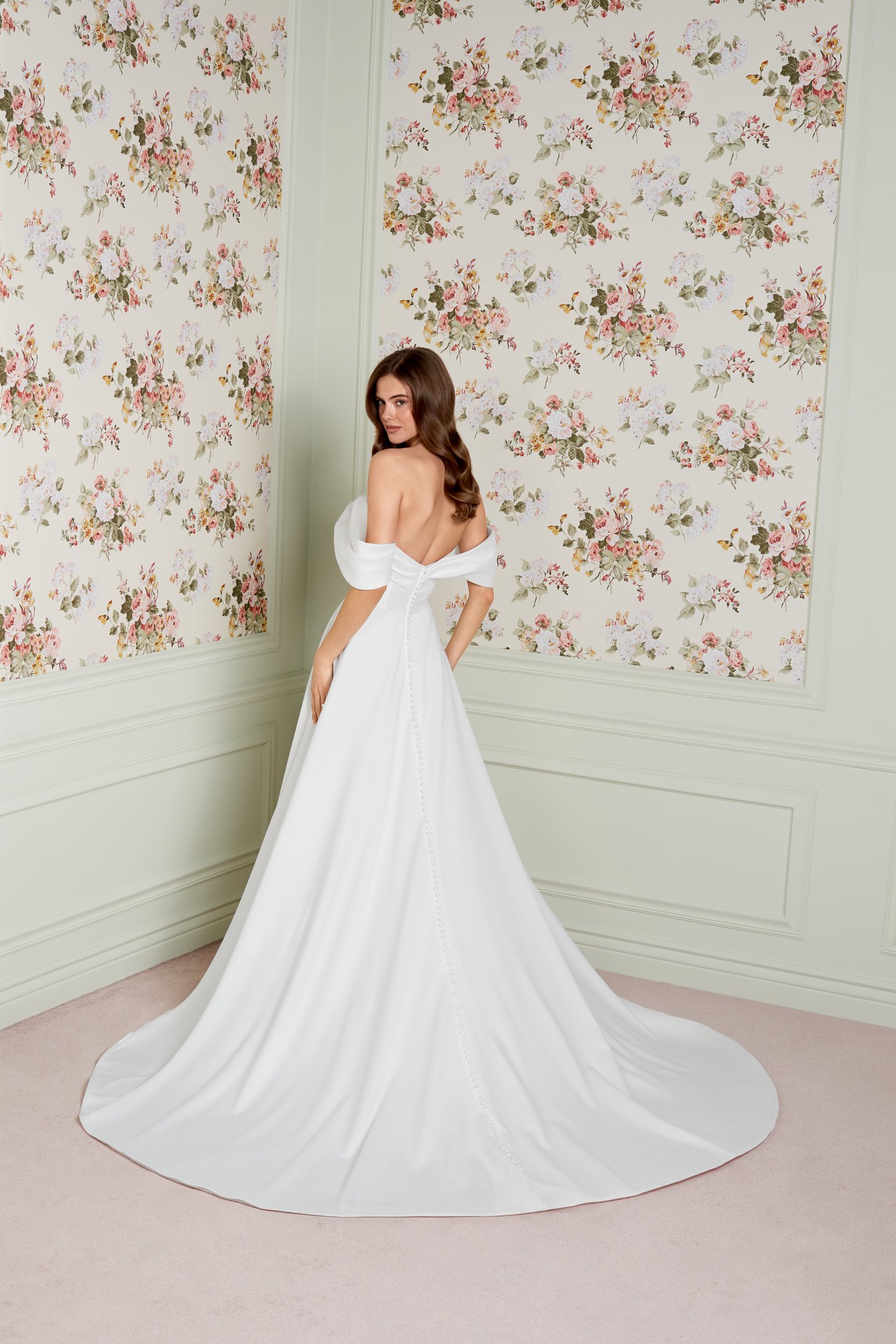Adore by Justin Alexander Style 11456 Effie Crepe A-Line Bridal Gown with Off-the-Shoulder Pleated Neckline