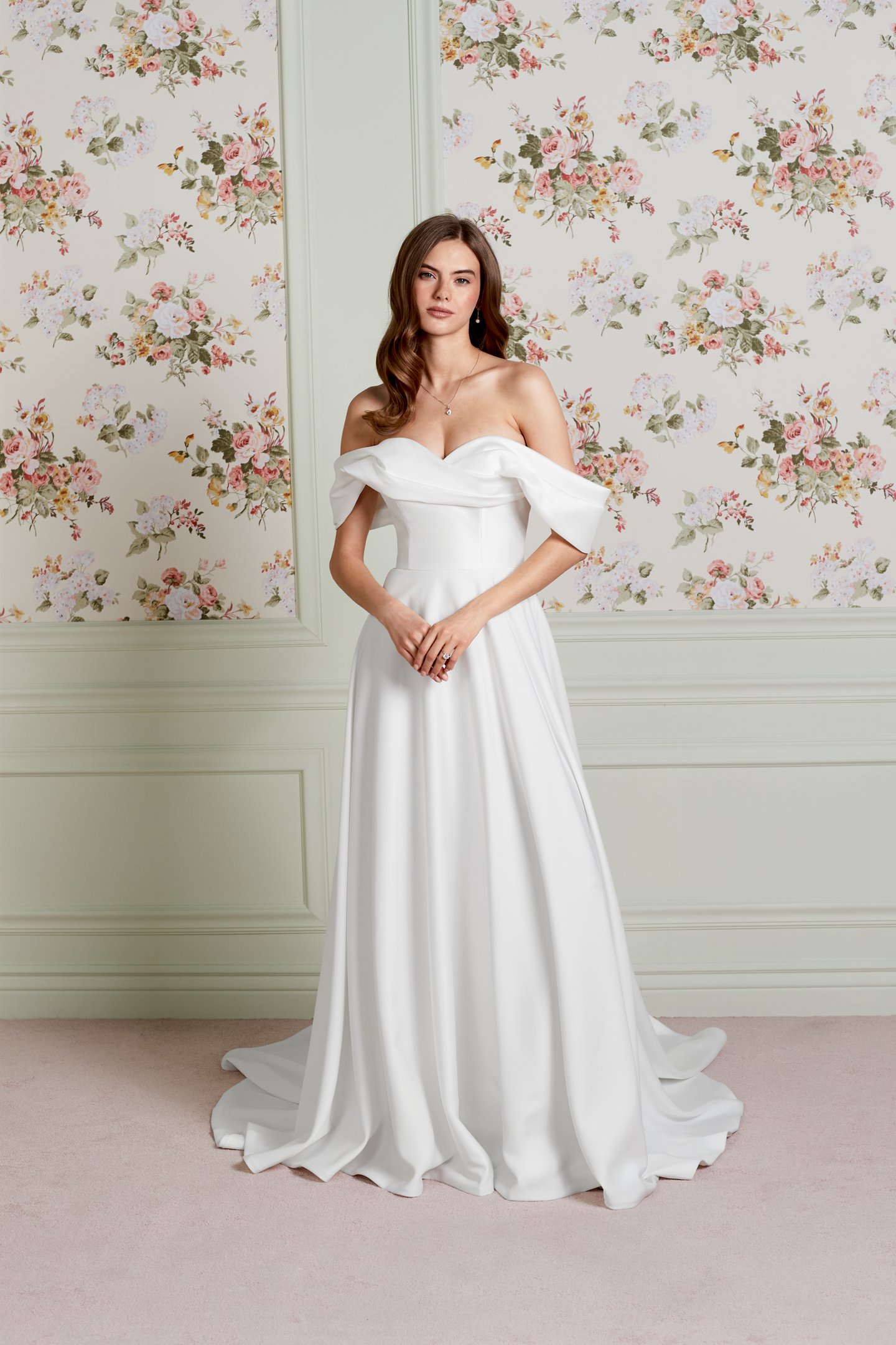 Adore by Justin Alexander Style 11456 Effie Crepe A-Line Bridal Gown with Off-the-Shoulder Pleated Neckline