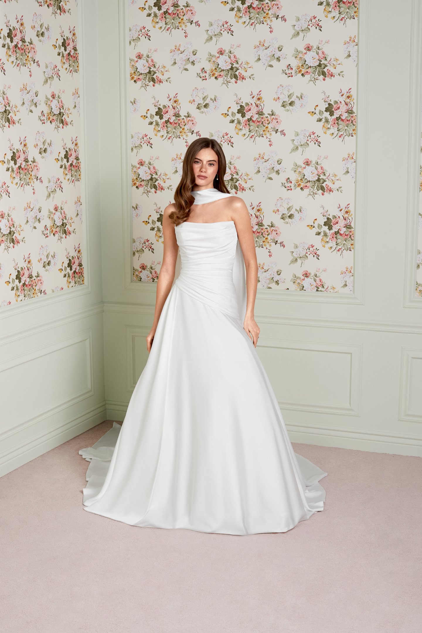Adore by Justin Alexander Style 11457 Louella Charmeuse A-Line Bridal Gown with Ruched Bodice and Asymmetrical Waistline