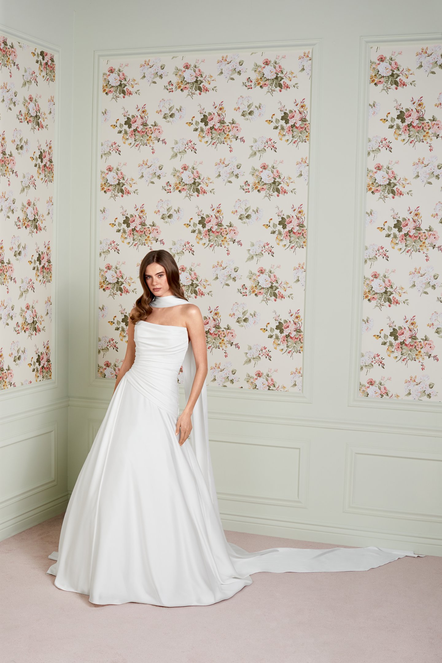 Adore by Justin Alexander Style 11457 Louella Charmeuse A-Line Bridal Gown with Ruched Bodice and Asymmetrical Waistline