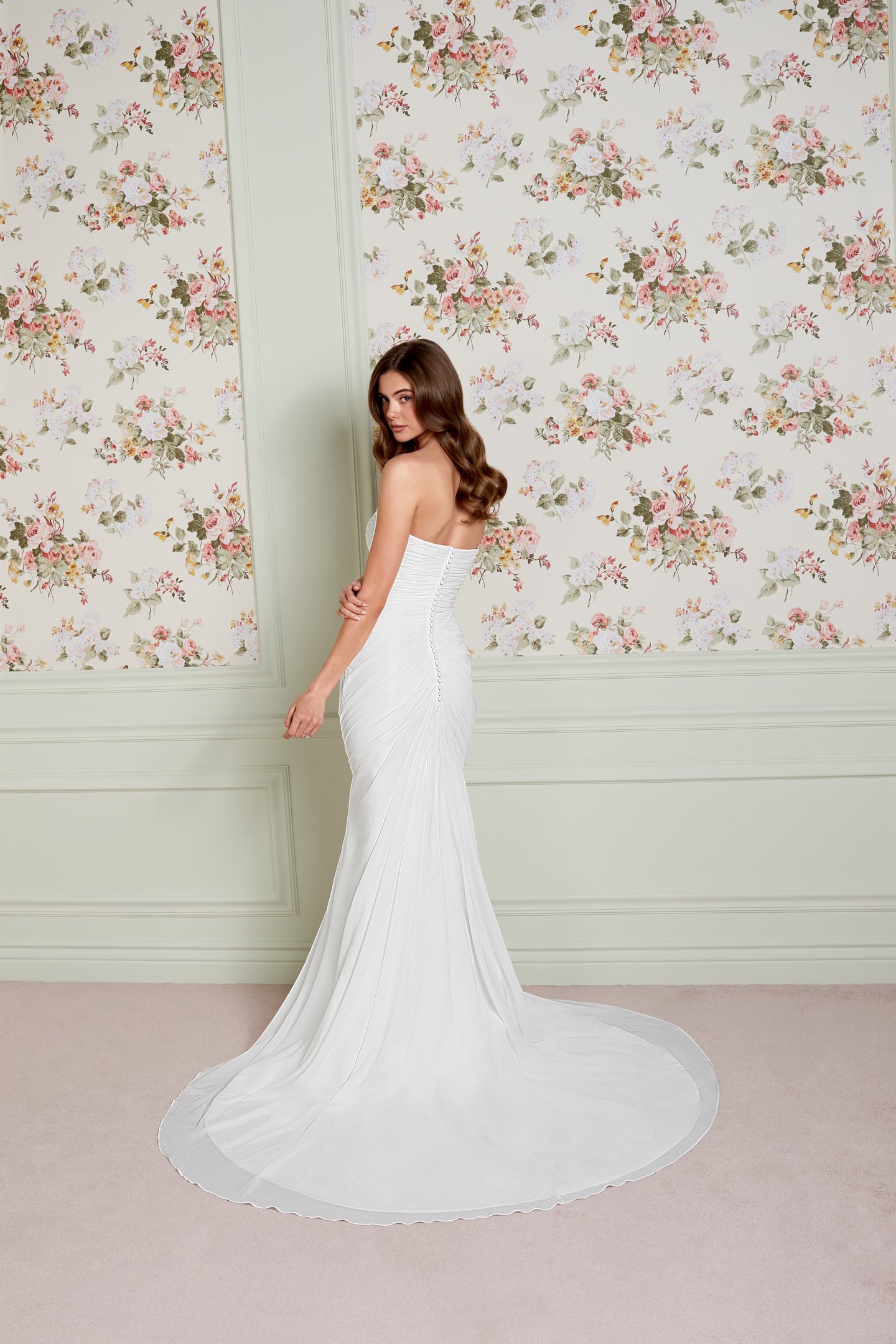 Adore by Justin Alexander Style 11458 Midge Chiffon Slim A-Line Bridal Dress with Strapless Straight Neckline, Ruched Bodice, and Skirt Slit